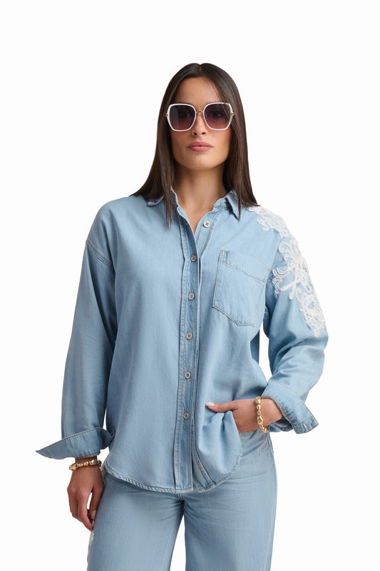 Light Blue Denim Shirt with Lace Detail