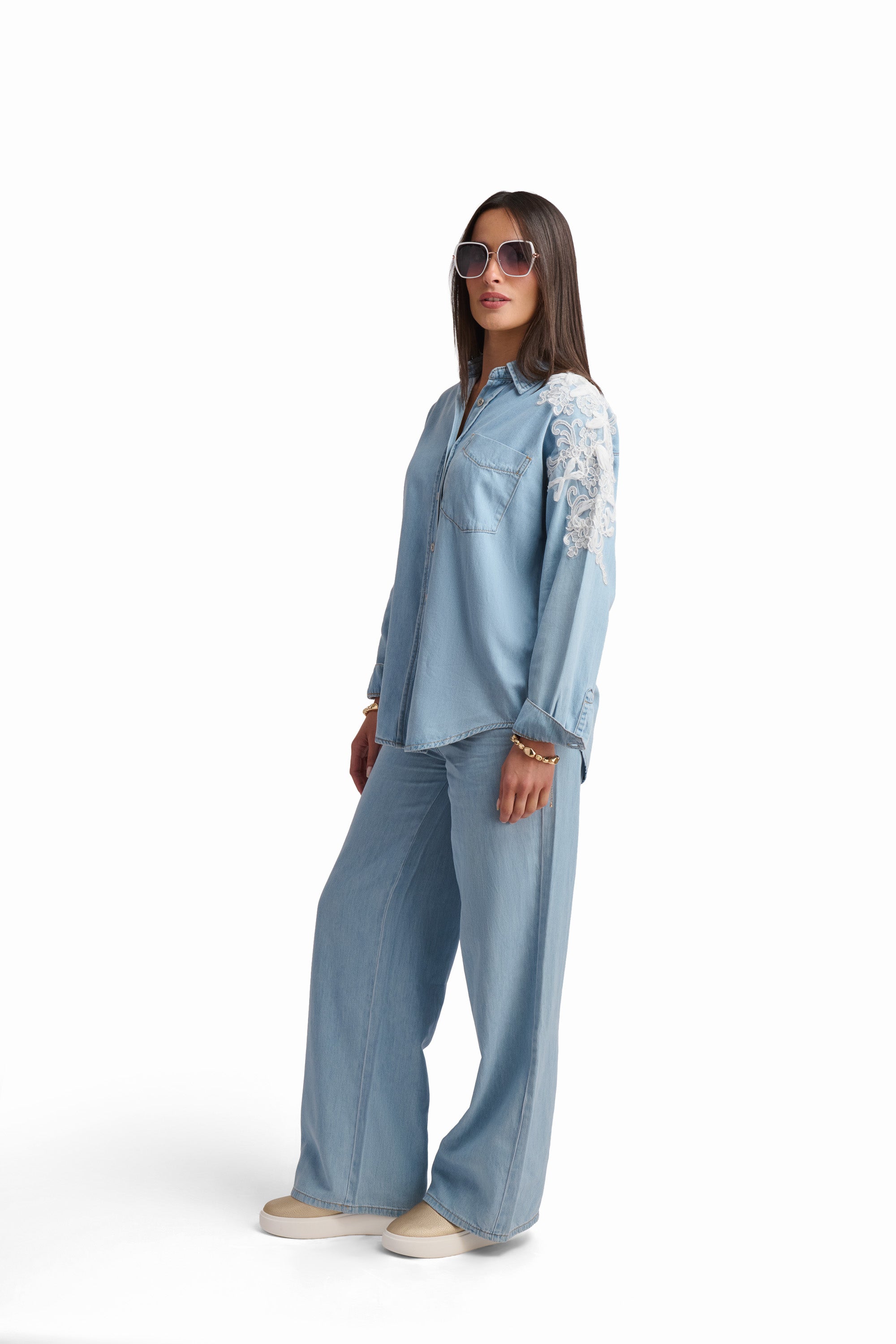Light Blue Denim Shirt with Lace Detail
