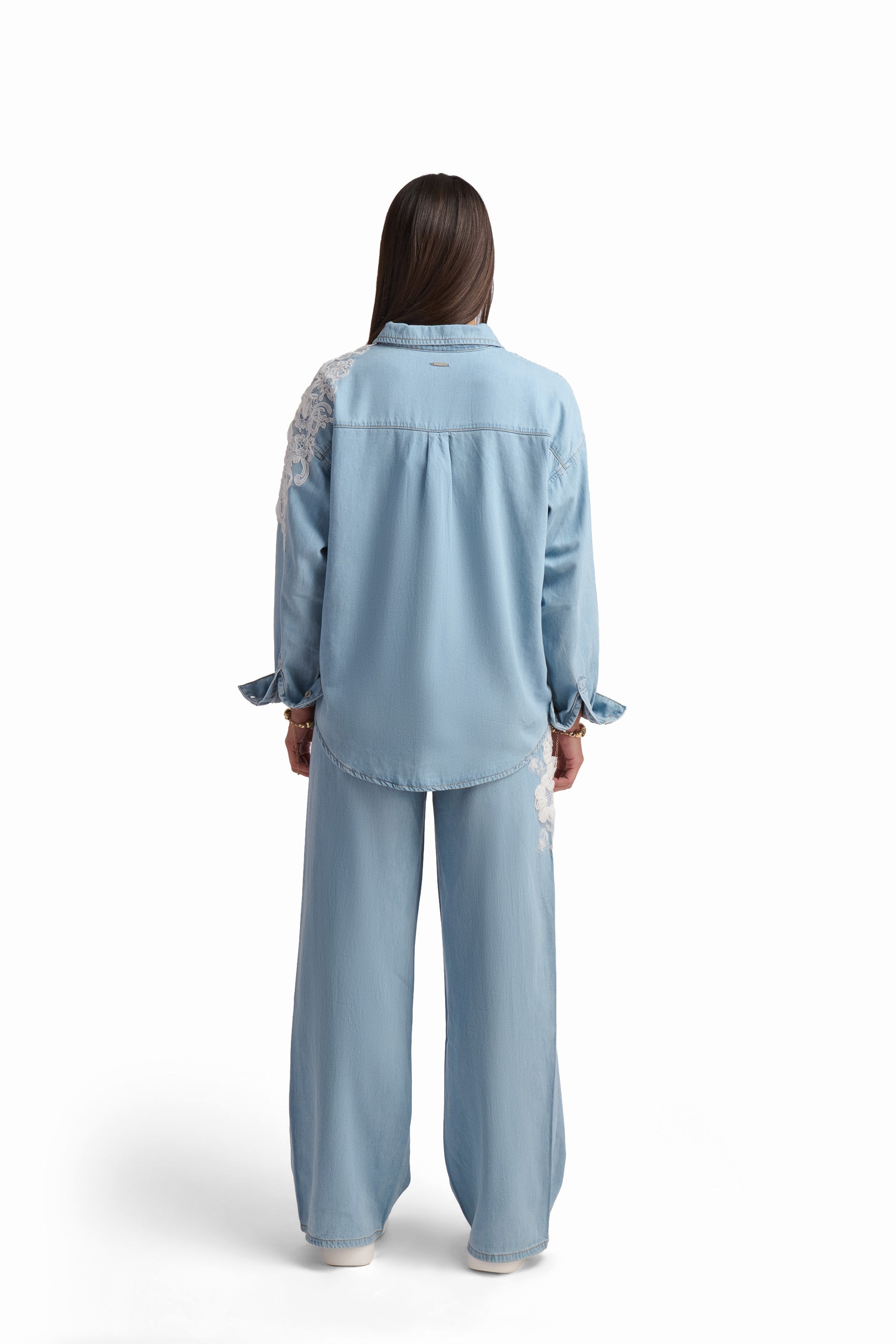 Light Blue Denim Shirt with Lace Detail