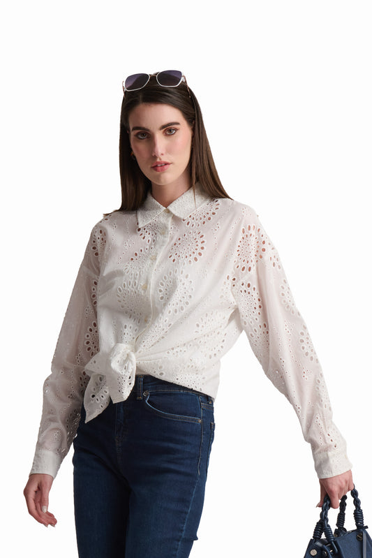 White Textured Embroidered Shirt