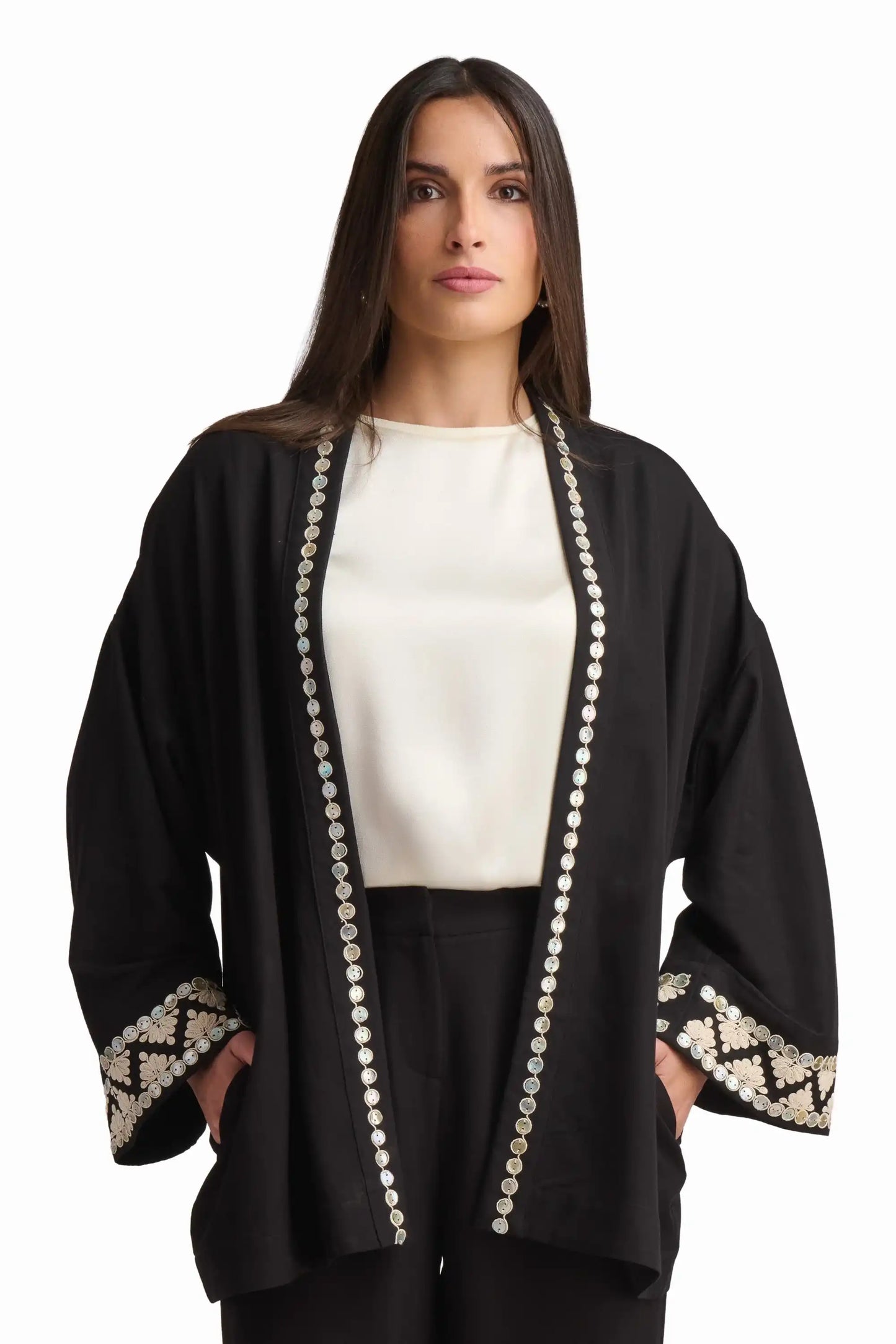 Black Embellished Open-Front Cardigan