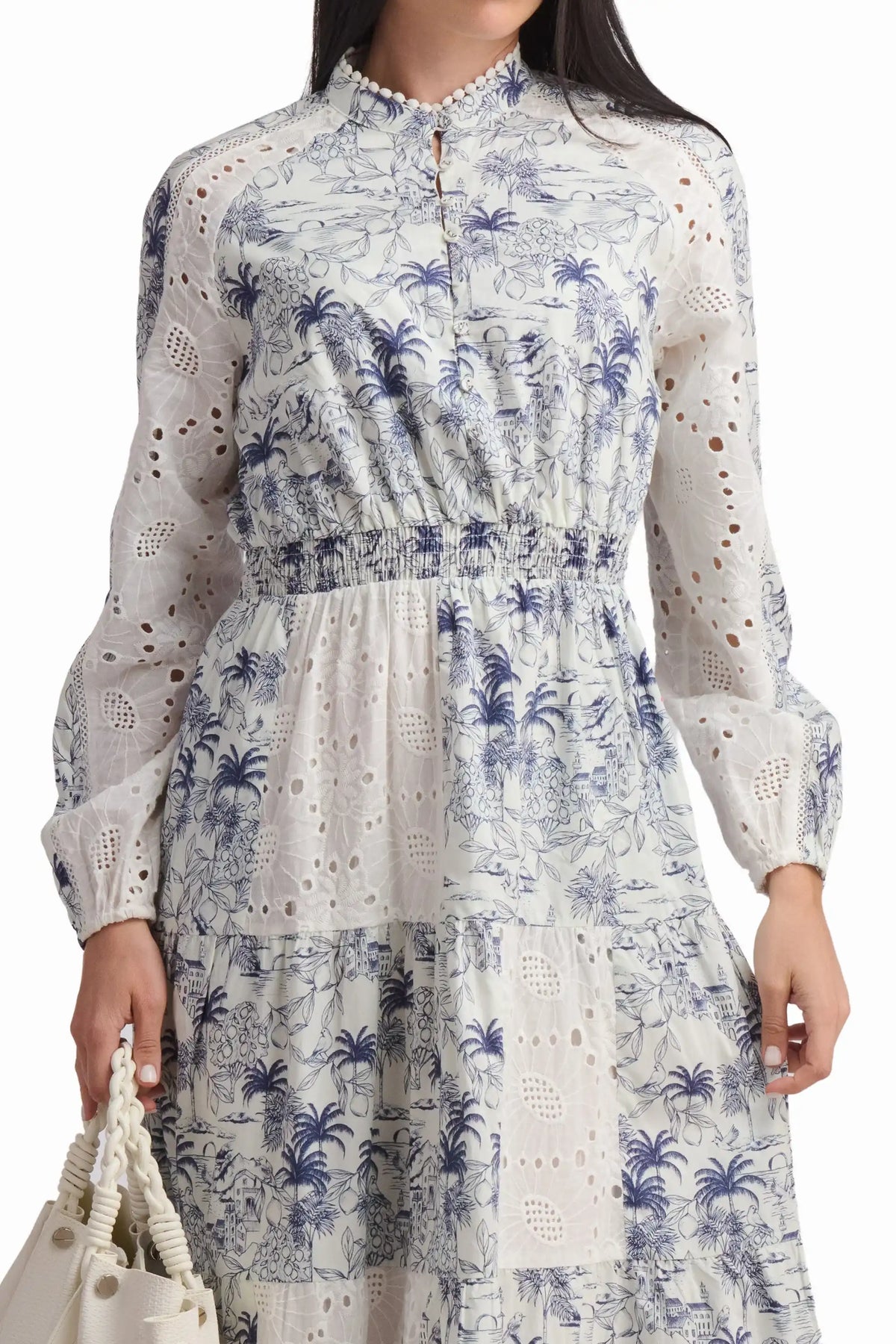 Blue Toile Lace Panel Maxi Dress
