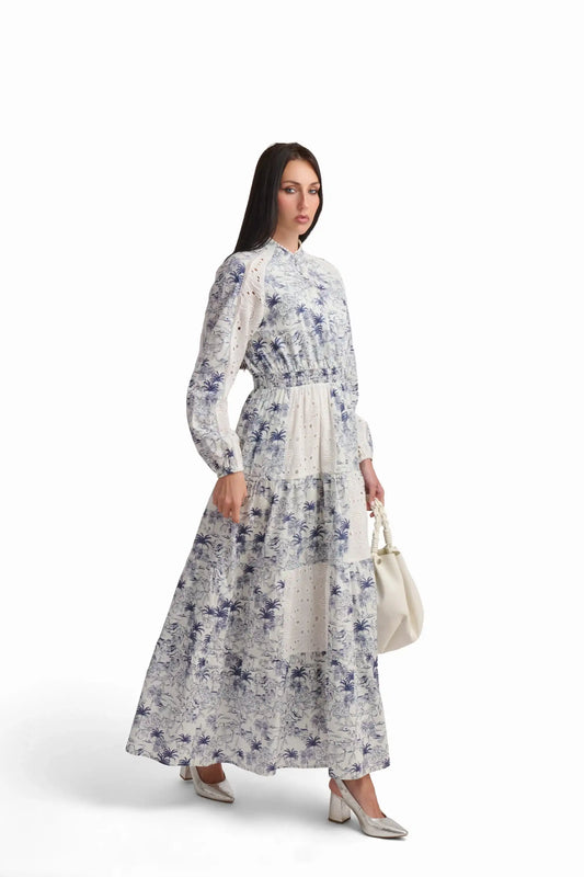 Blue Toile Lace Panel Maxi Dress