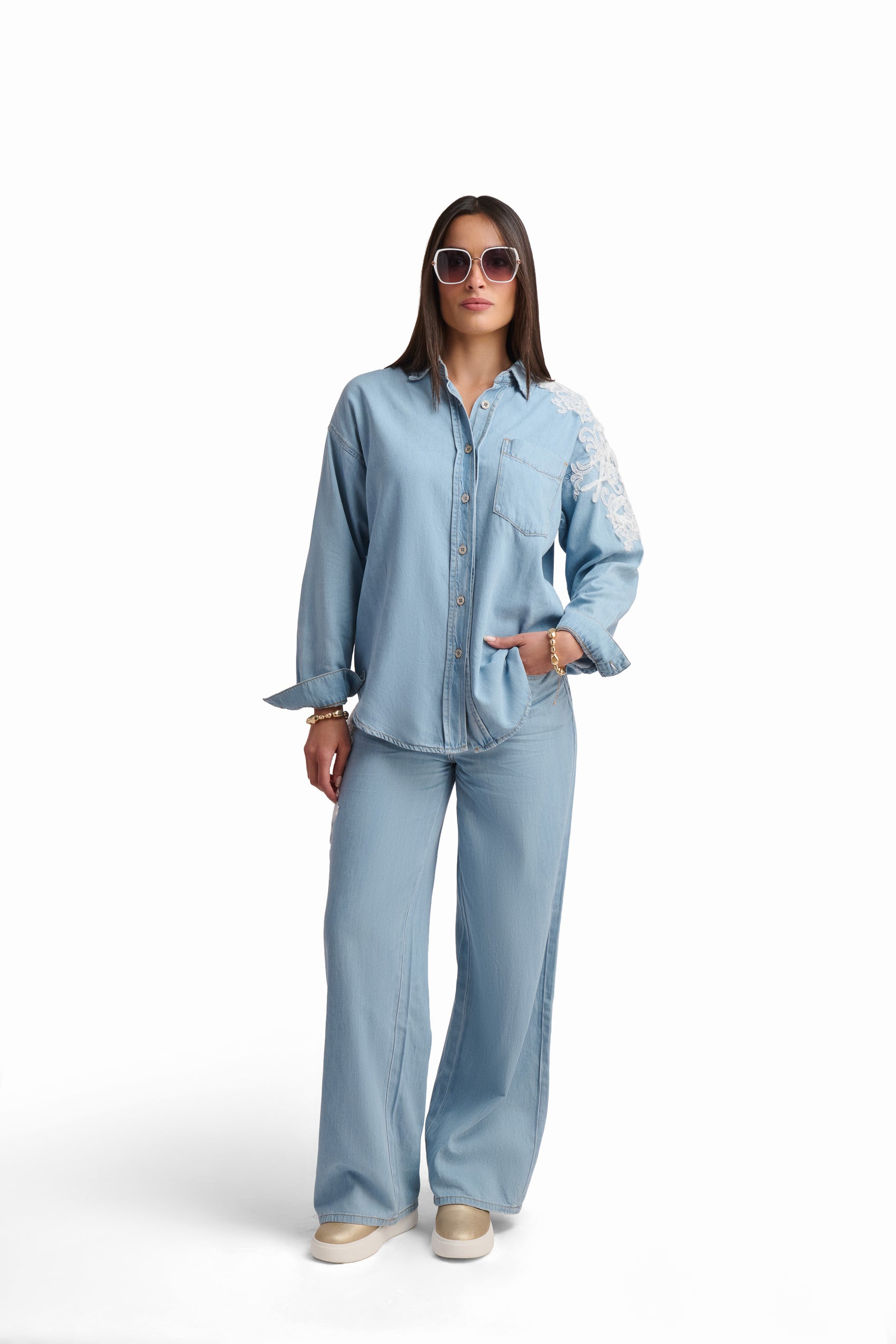Light Blue Denim Trousers with Side Detail