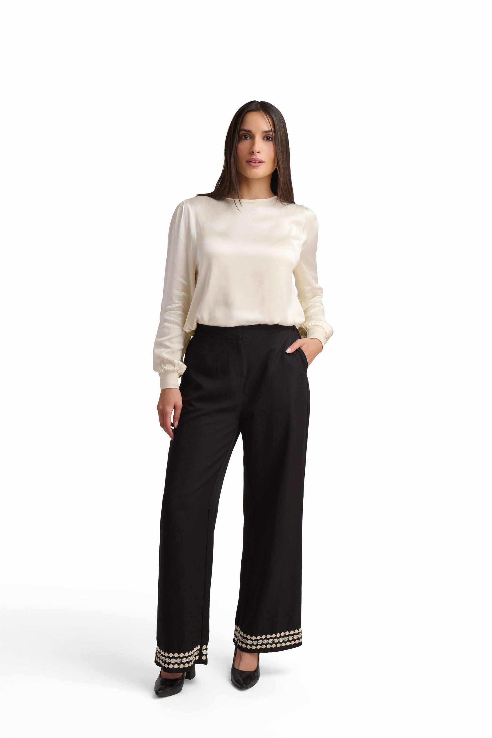 Black Wide-Leg Trousers with Hem Detail