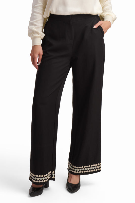 Black Wide-Leg Trousers with Hem Detail