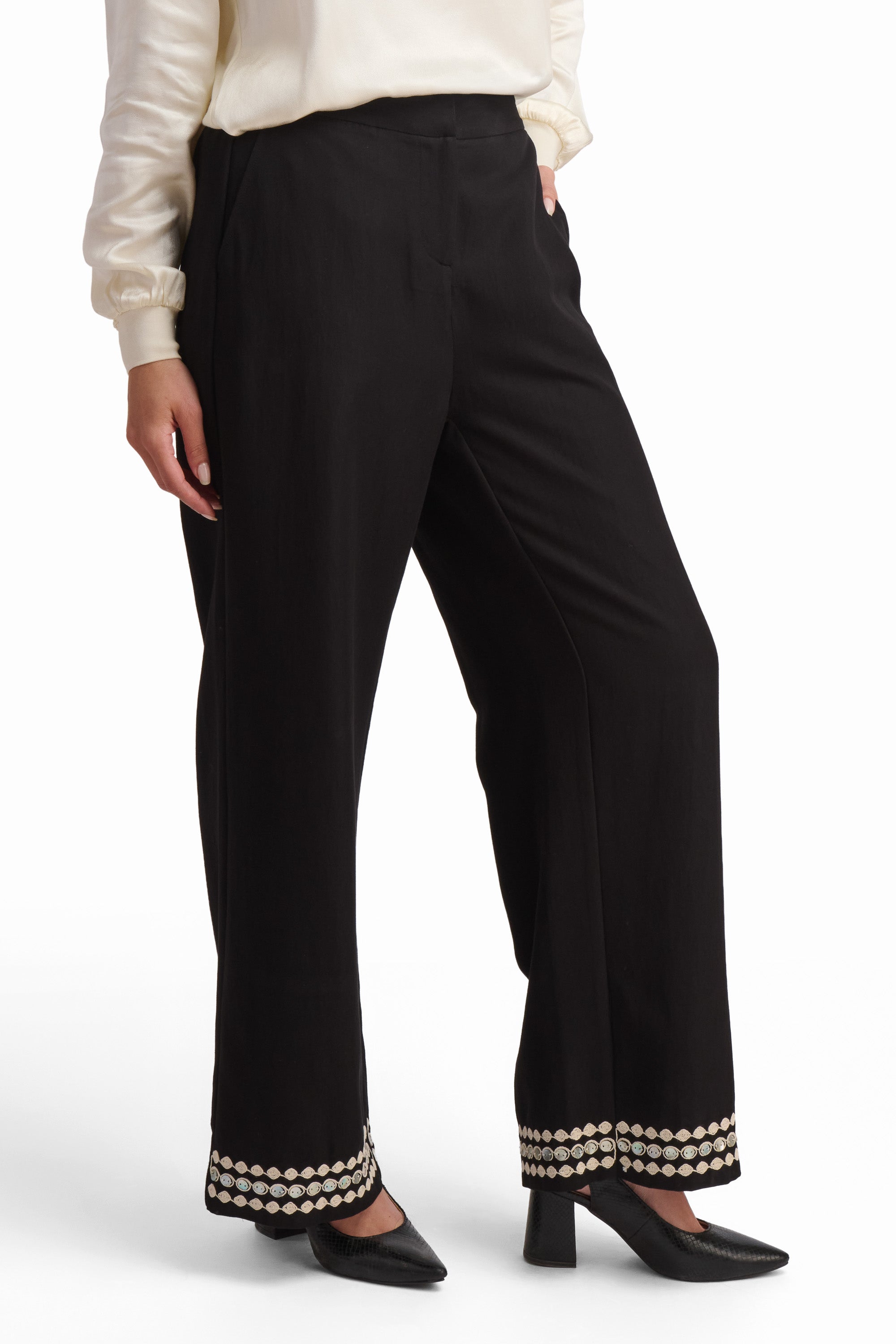 Black Wide-Leg Trousers with Hem Detail