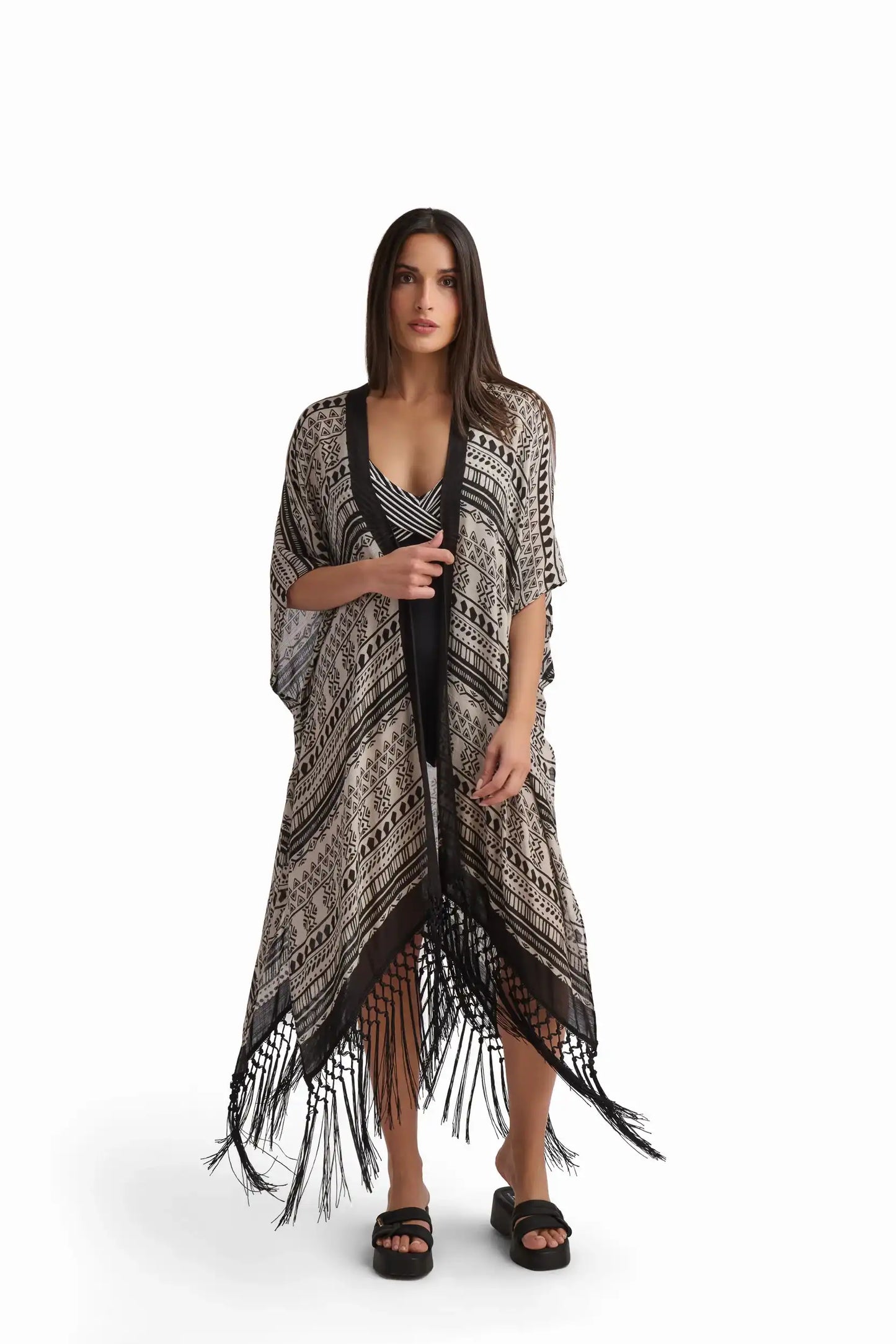 Geometric Fringe Viscose Kimono