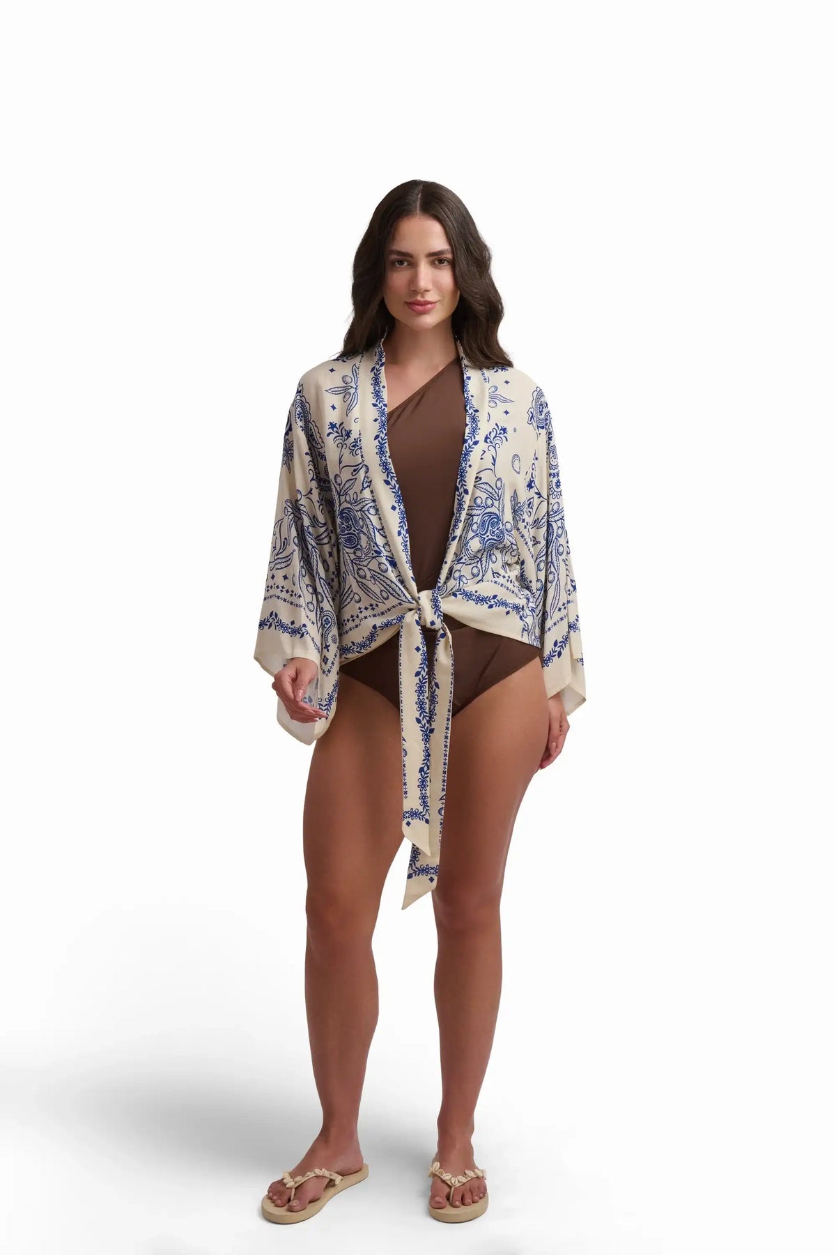 Beige and Blue Printed Beach Cover-Up