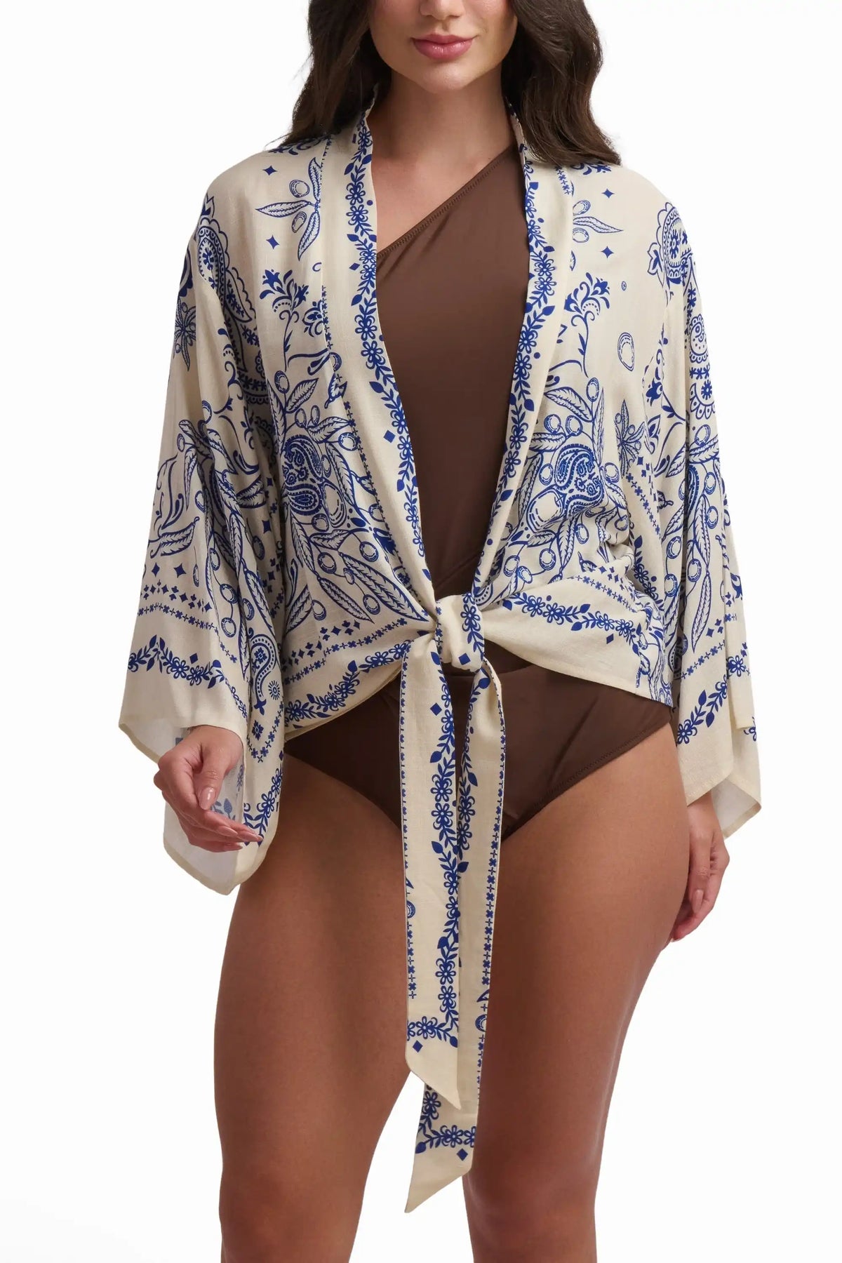 Beige and Blue Printed Beach Cover-Up