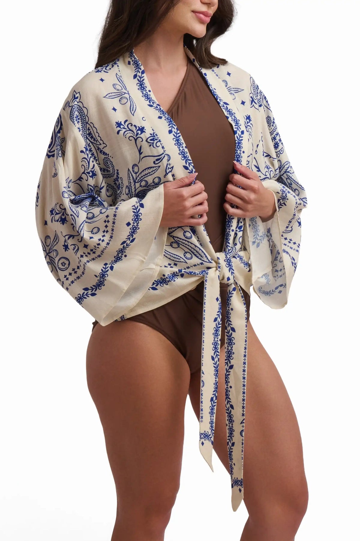 Beige and Blue Printed Beach Cover-Up