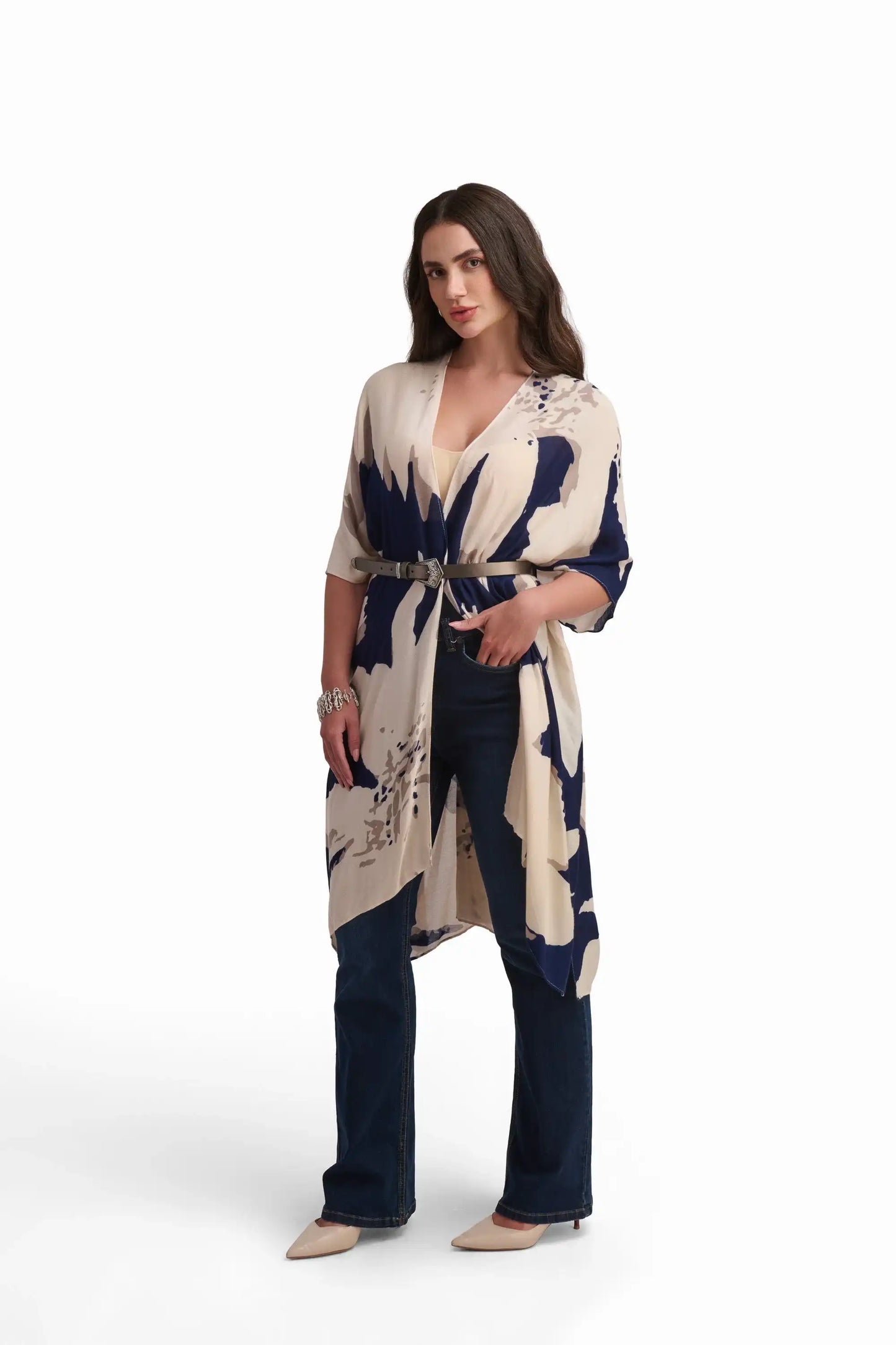 Beige and Navy Printed Kimono