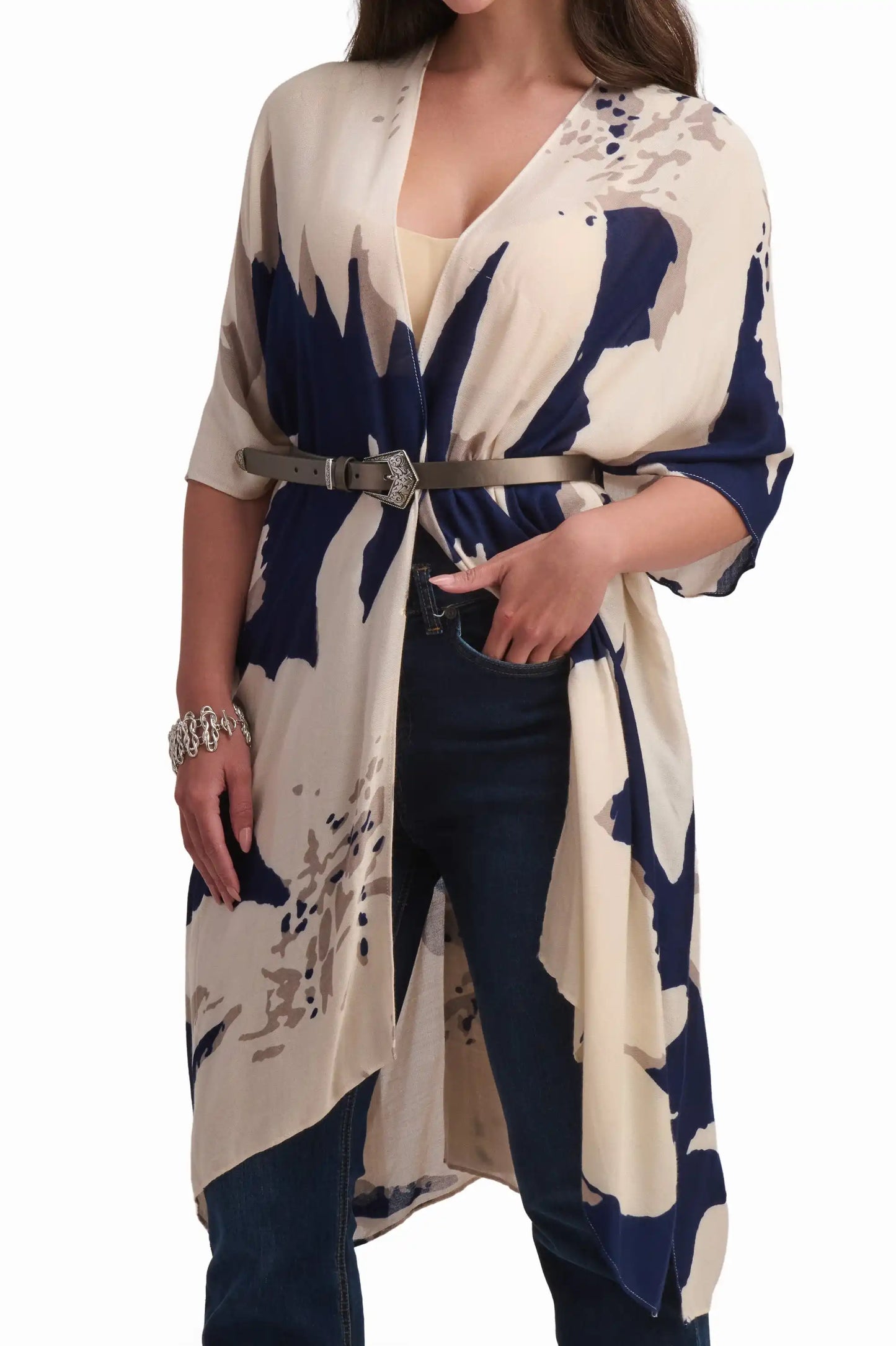 Beige and Navy Printed Kimono