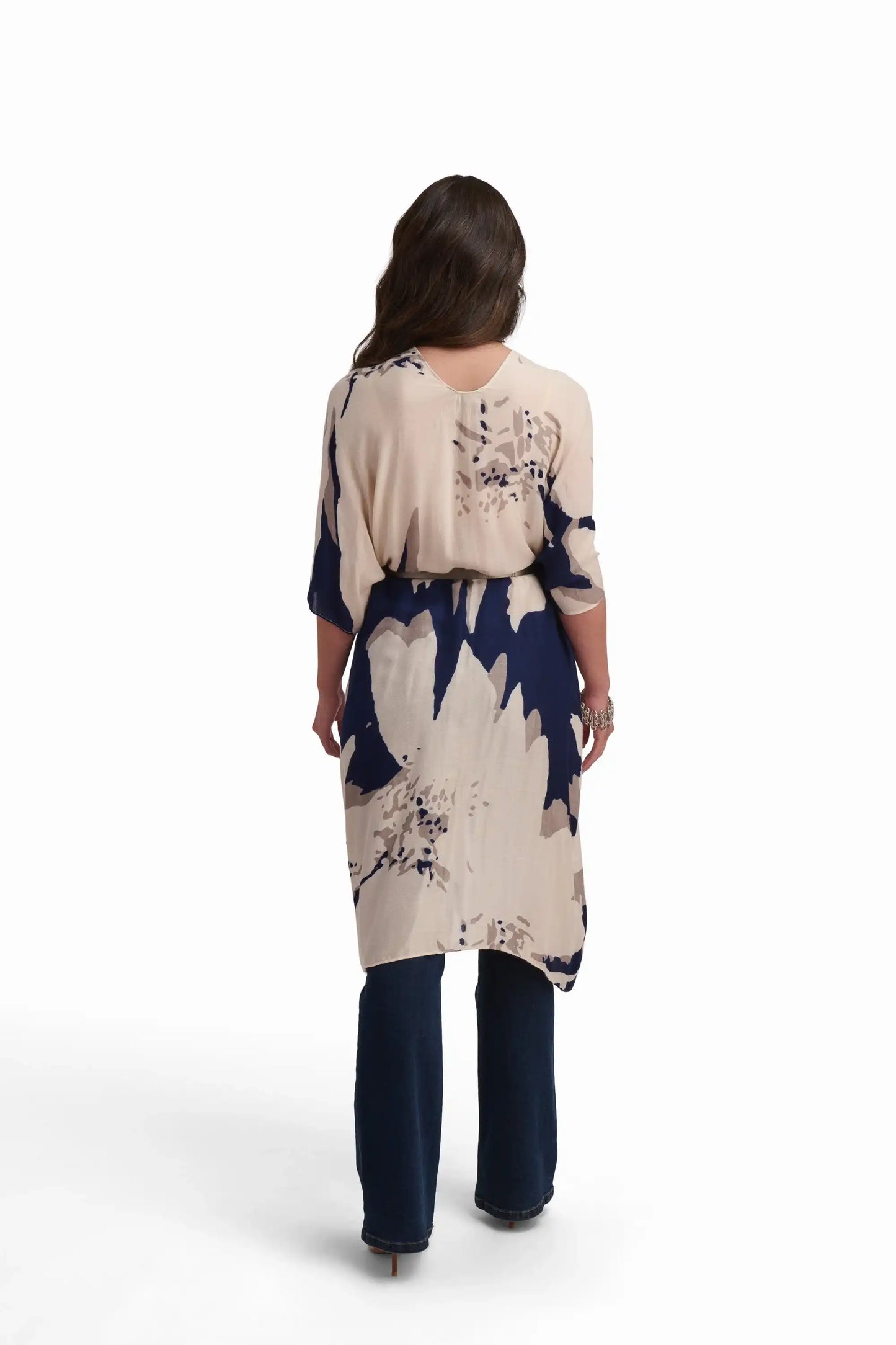 Beige and Navy Printed Kimono