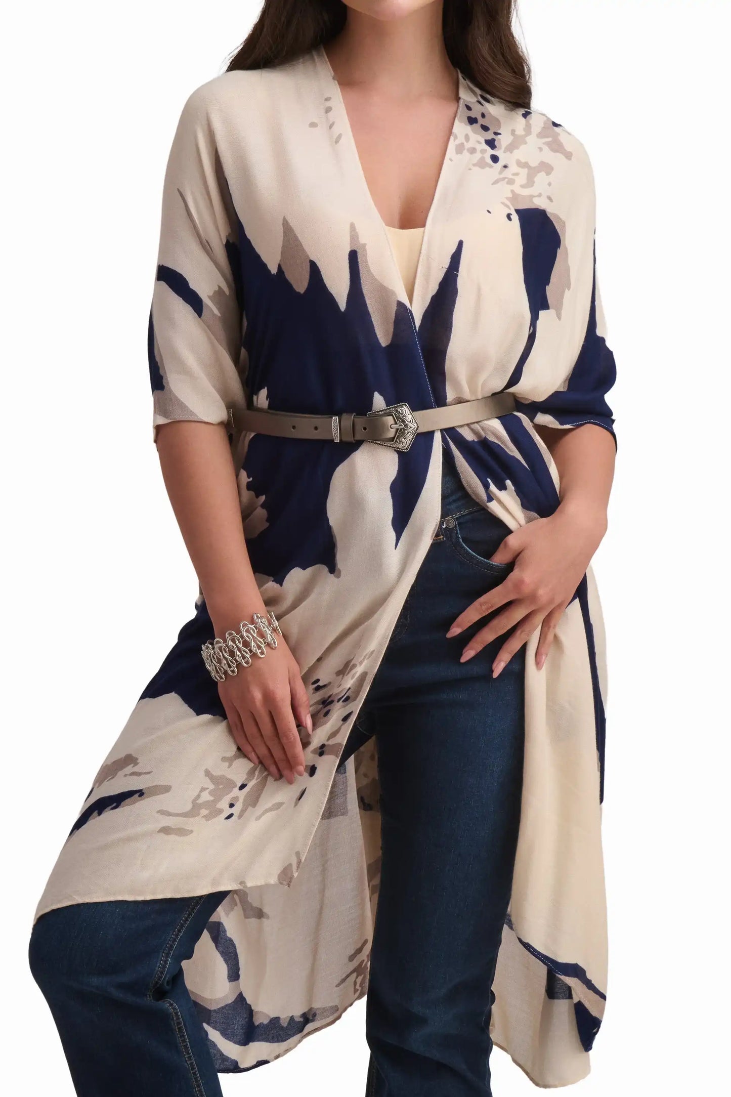 Beige and Navy Printed Kimono