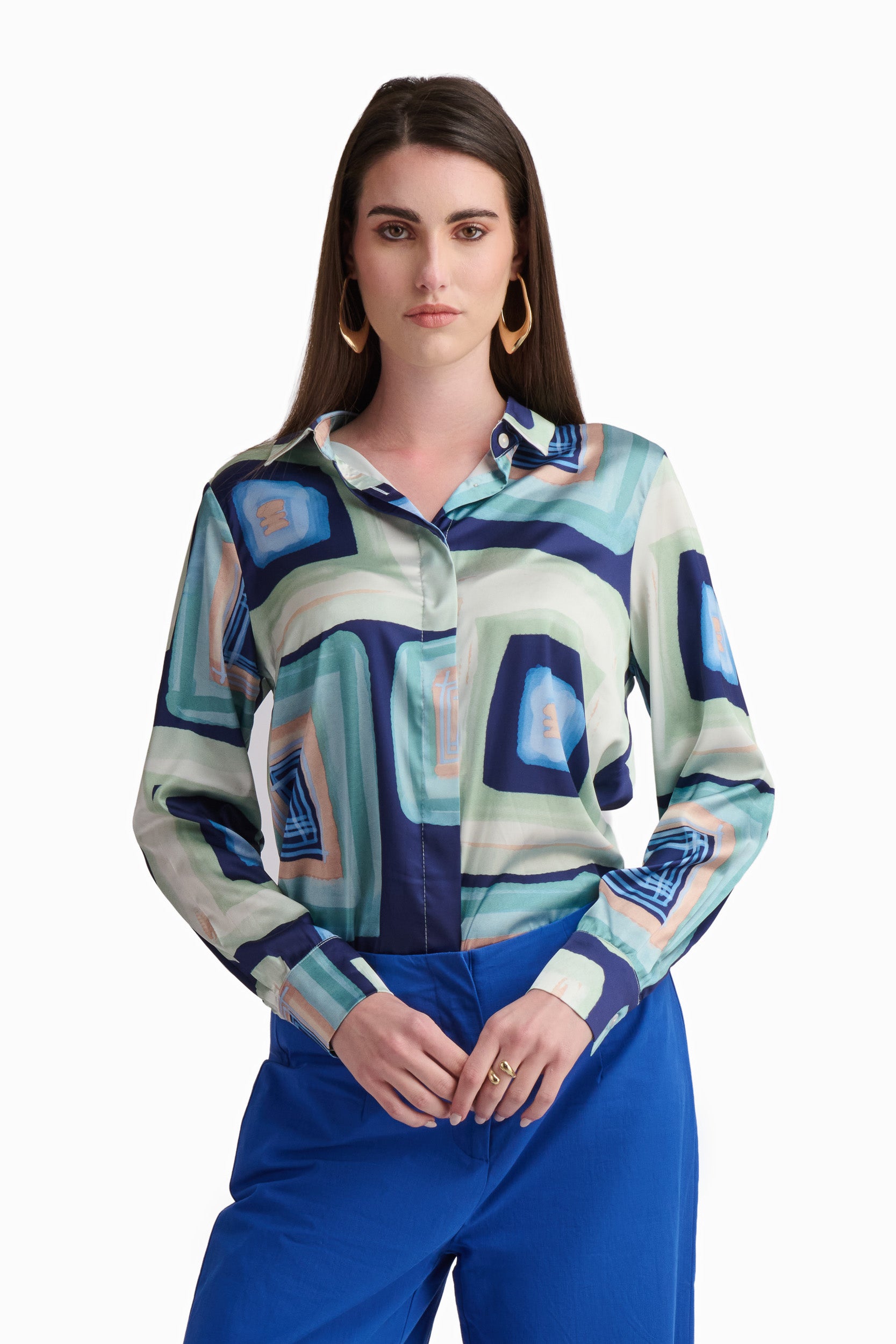 Blue & Green Geometric Print Shirt – Long Sleeve Premium Blouse