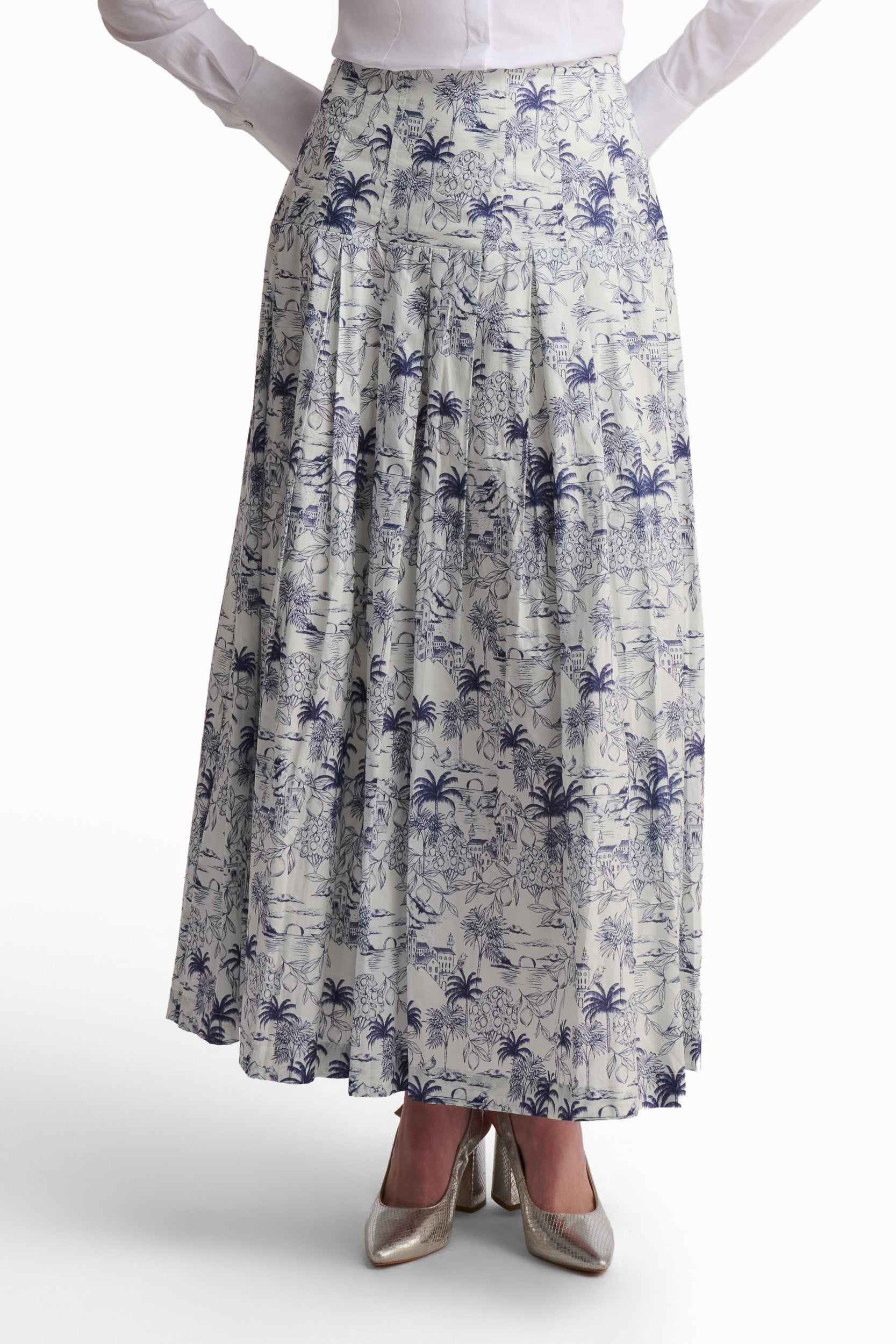 Blue Toile Tiered Maxi Skirt