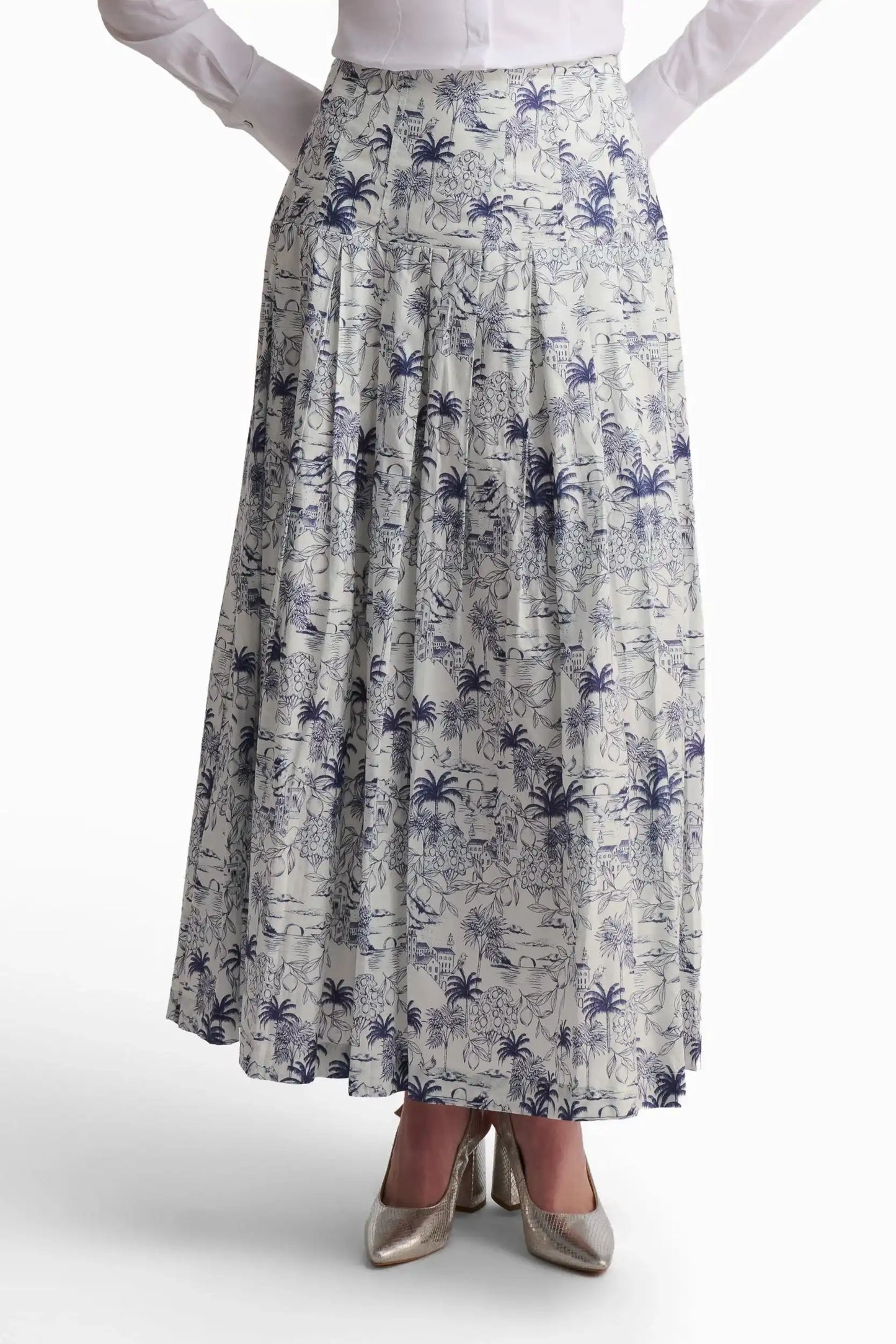Blue Toile Tiered Maxi Skirt
