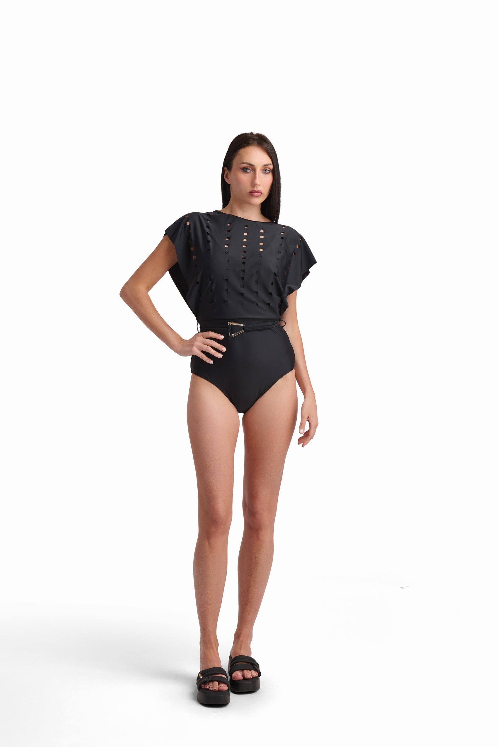Black Cut-Out Swimsuit with Belt