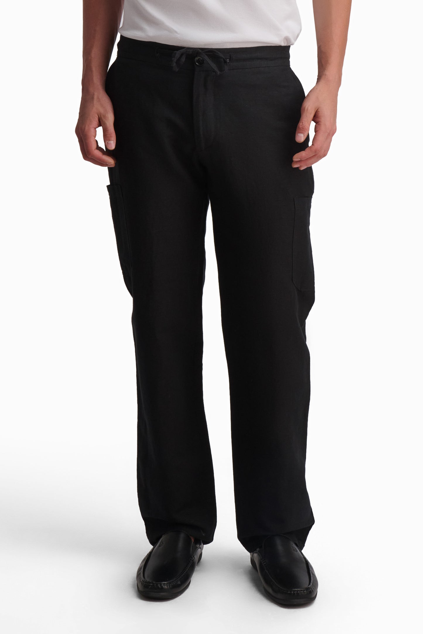 Black Linen-Cotton Straight-Leg Trousers