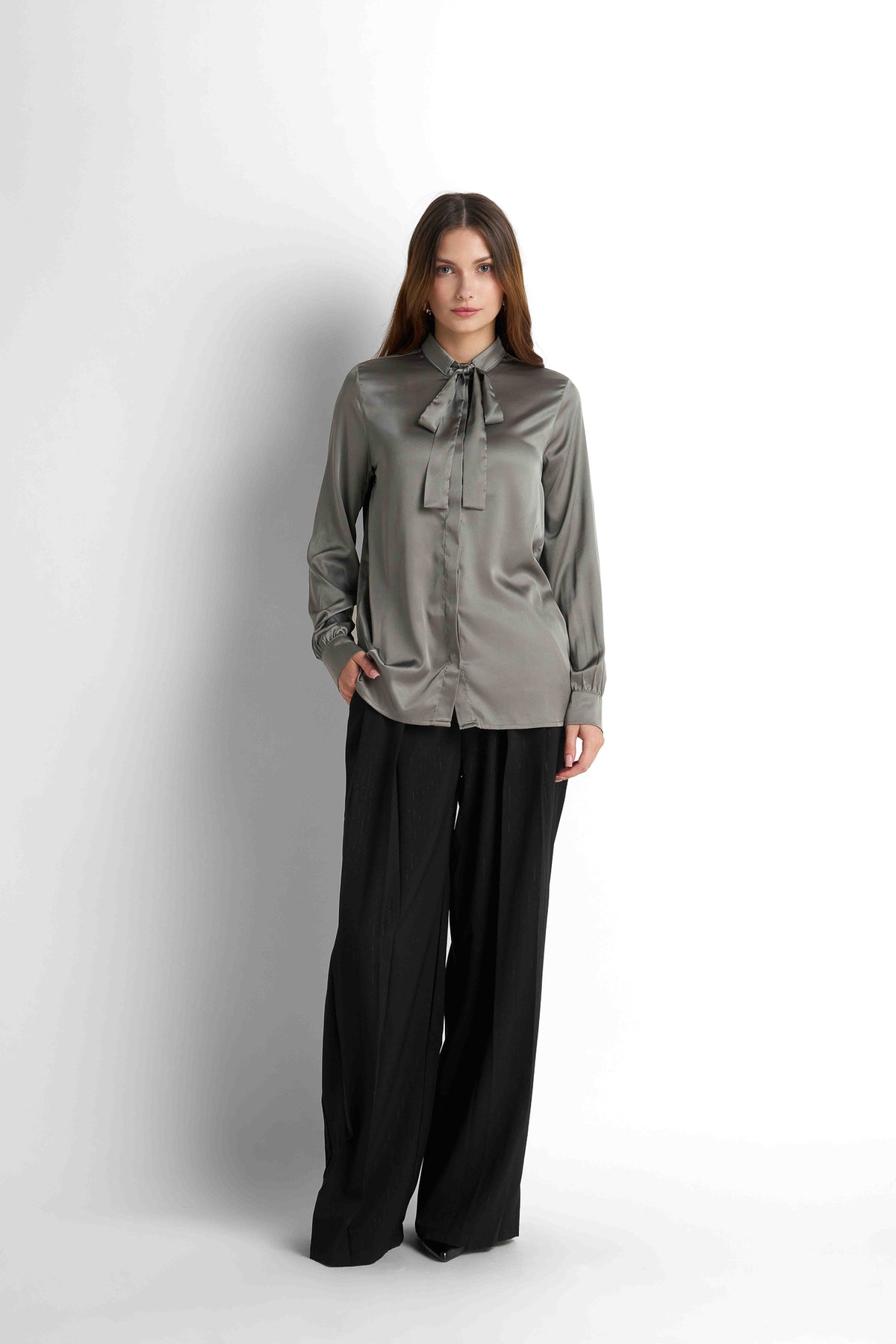 Bow-Neck Satin Shirt - Taupe Grey