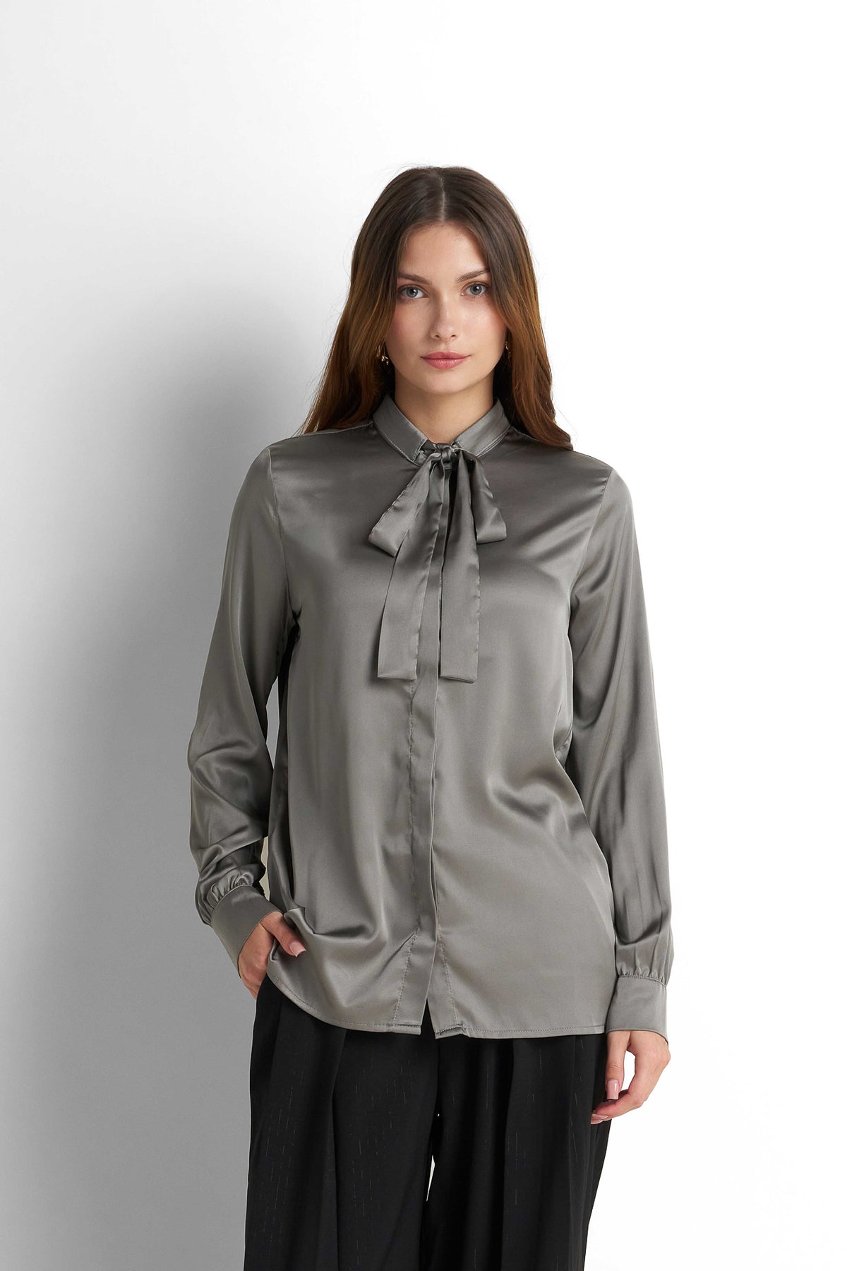 Bow-Neck Satin Shirt - Taupe Grey