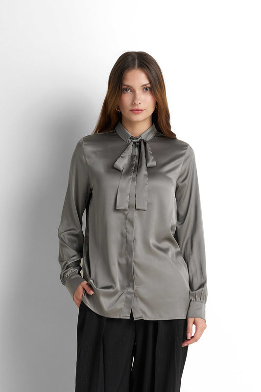 Bow-Neck Satin Shirt - Taupe Grey