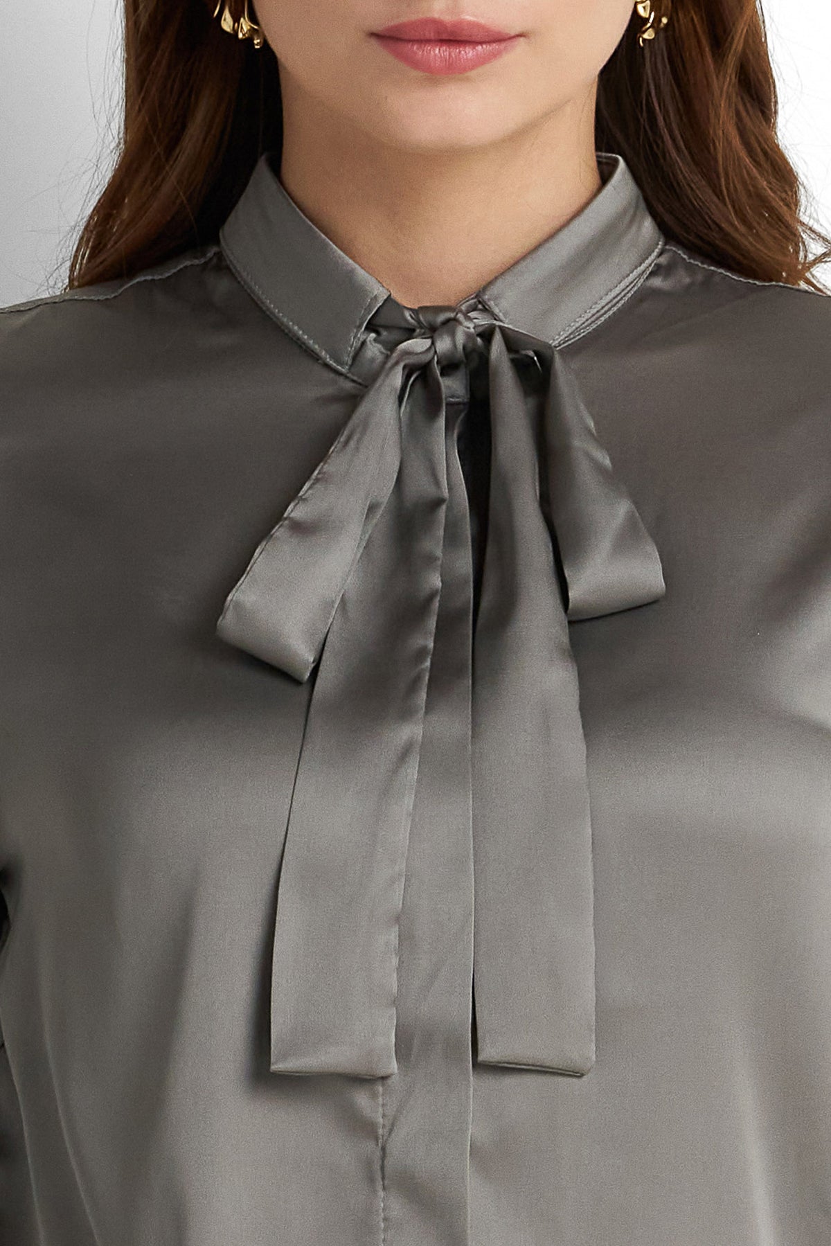 Bow-Neck Satin Shirt - Taupe Grey