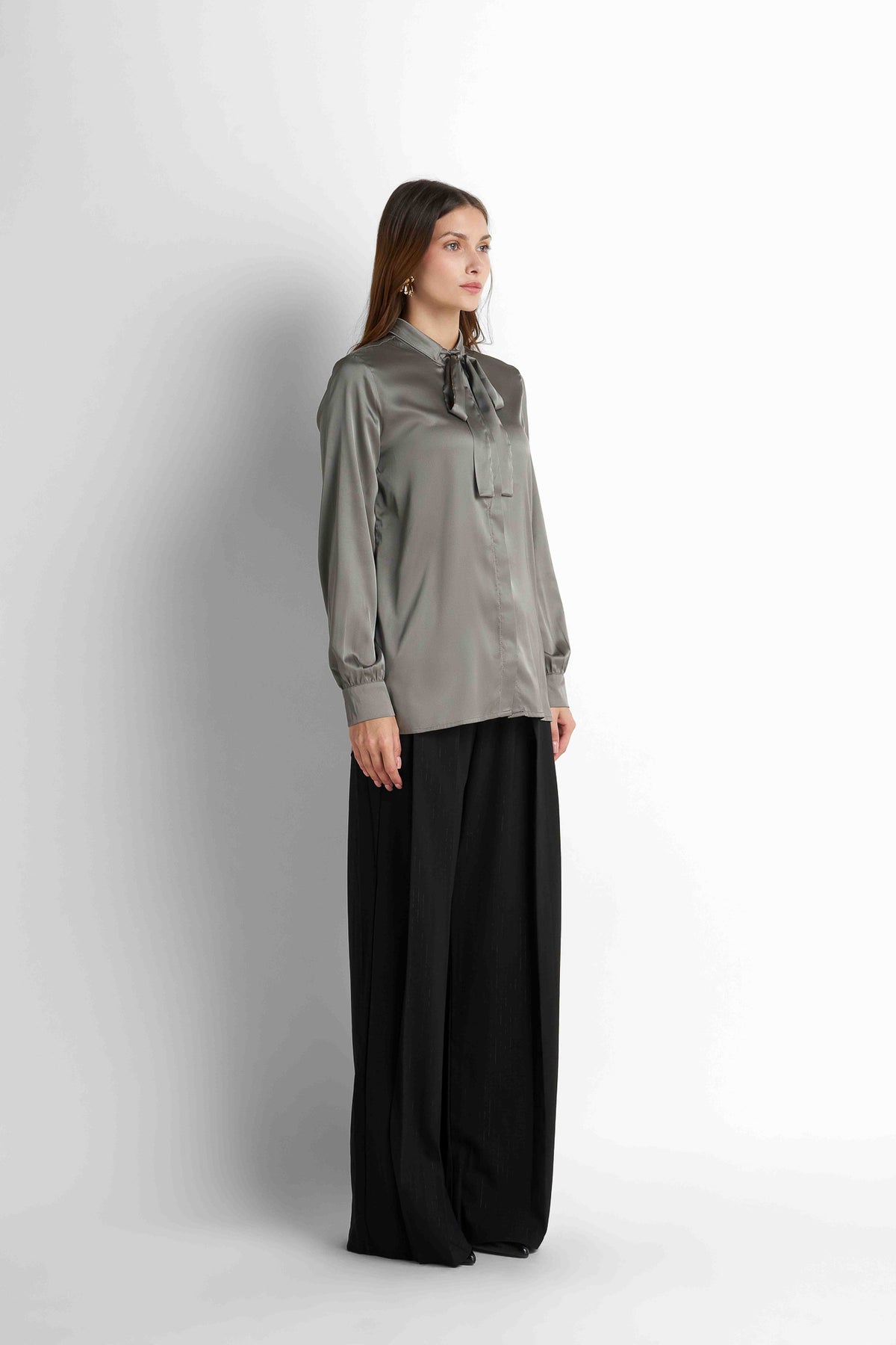 Bow-Neck Satin Shirt - Taupe Grey