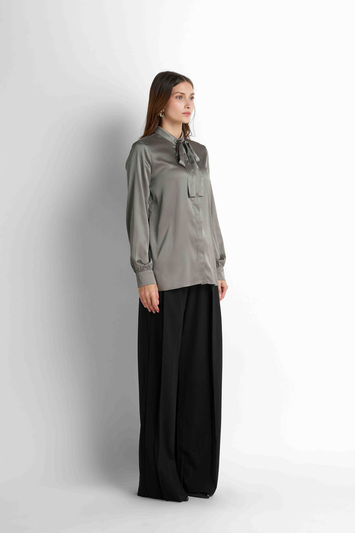 Bow-Neck Satin Shirt - Taupe Grey