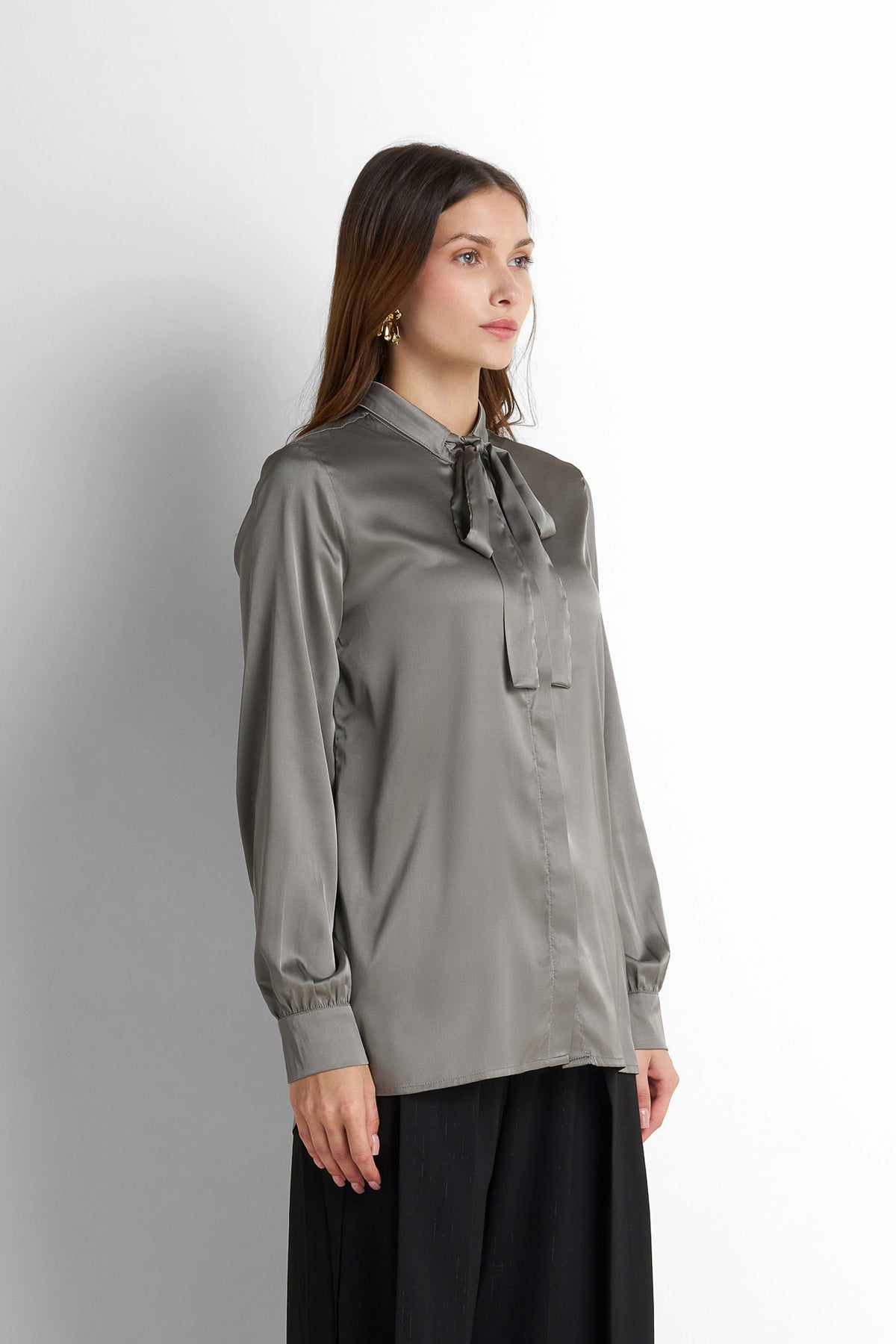 Bow-Neck Satin Shirt - Taupe Grey