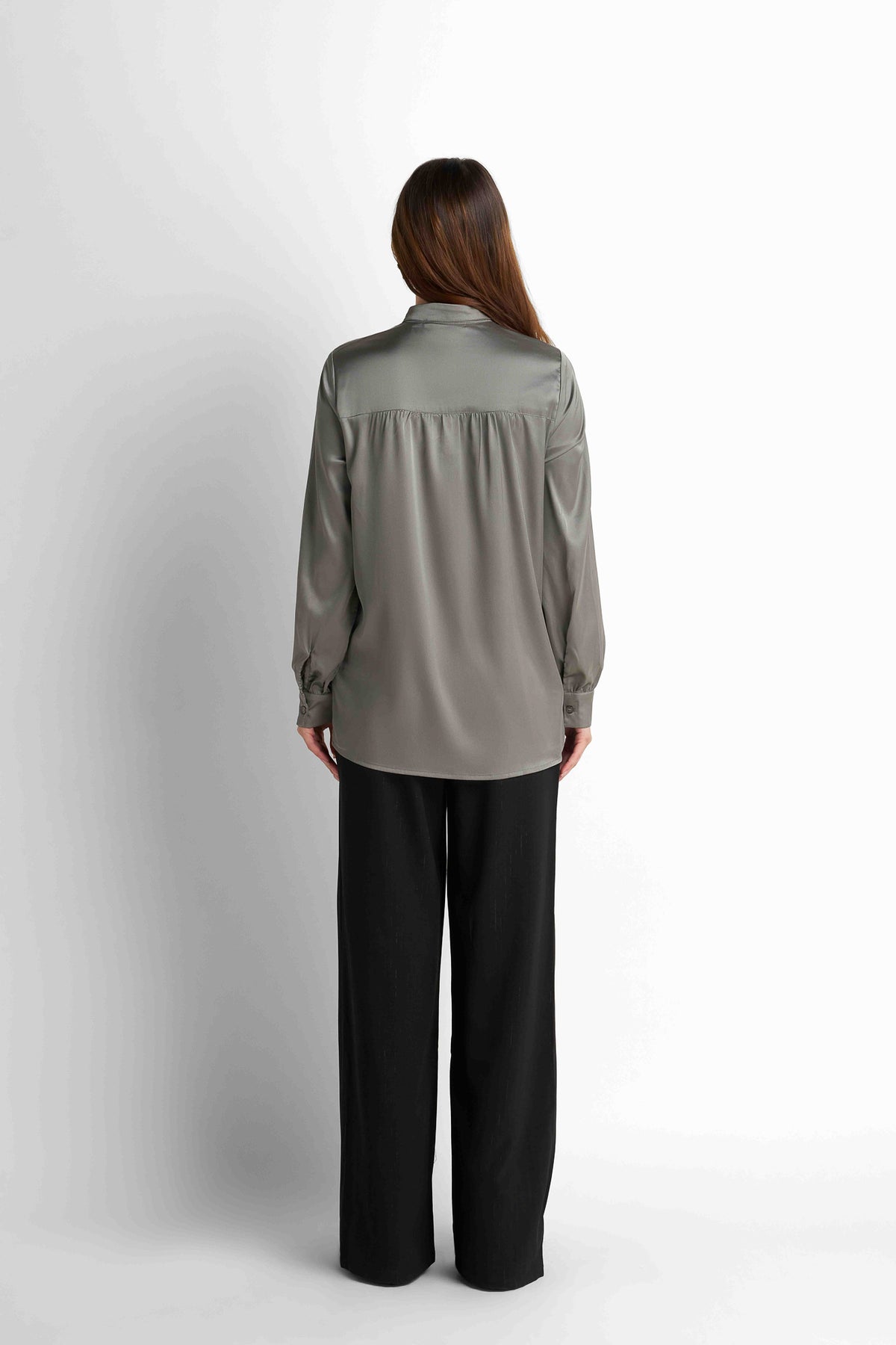 Bow-Neck Satin Shirt - Taupe Grey