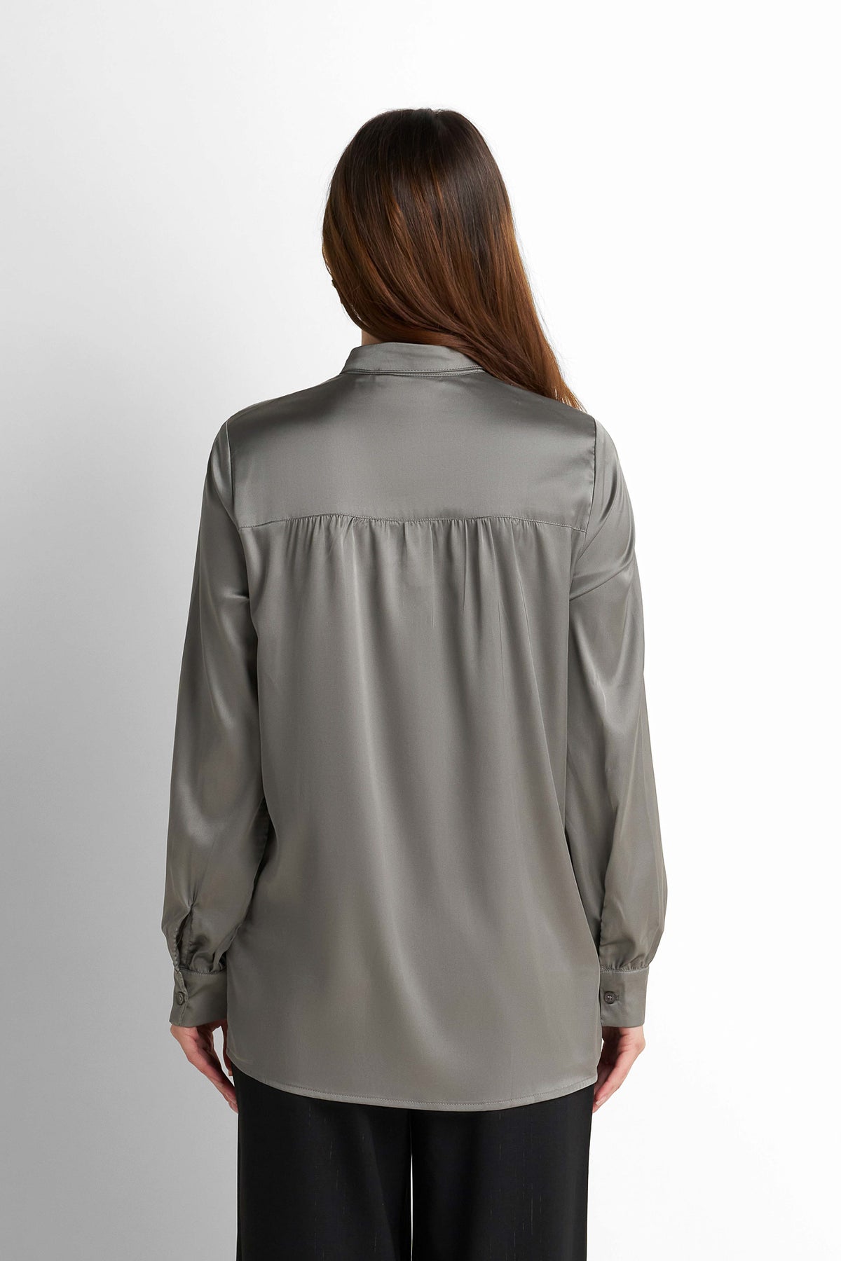 Bow-Neck Satin Shirt - Taupe Grey