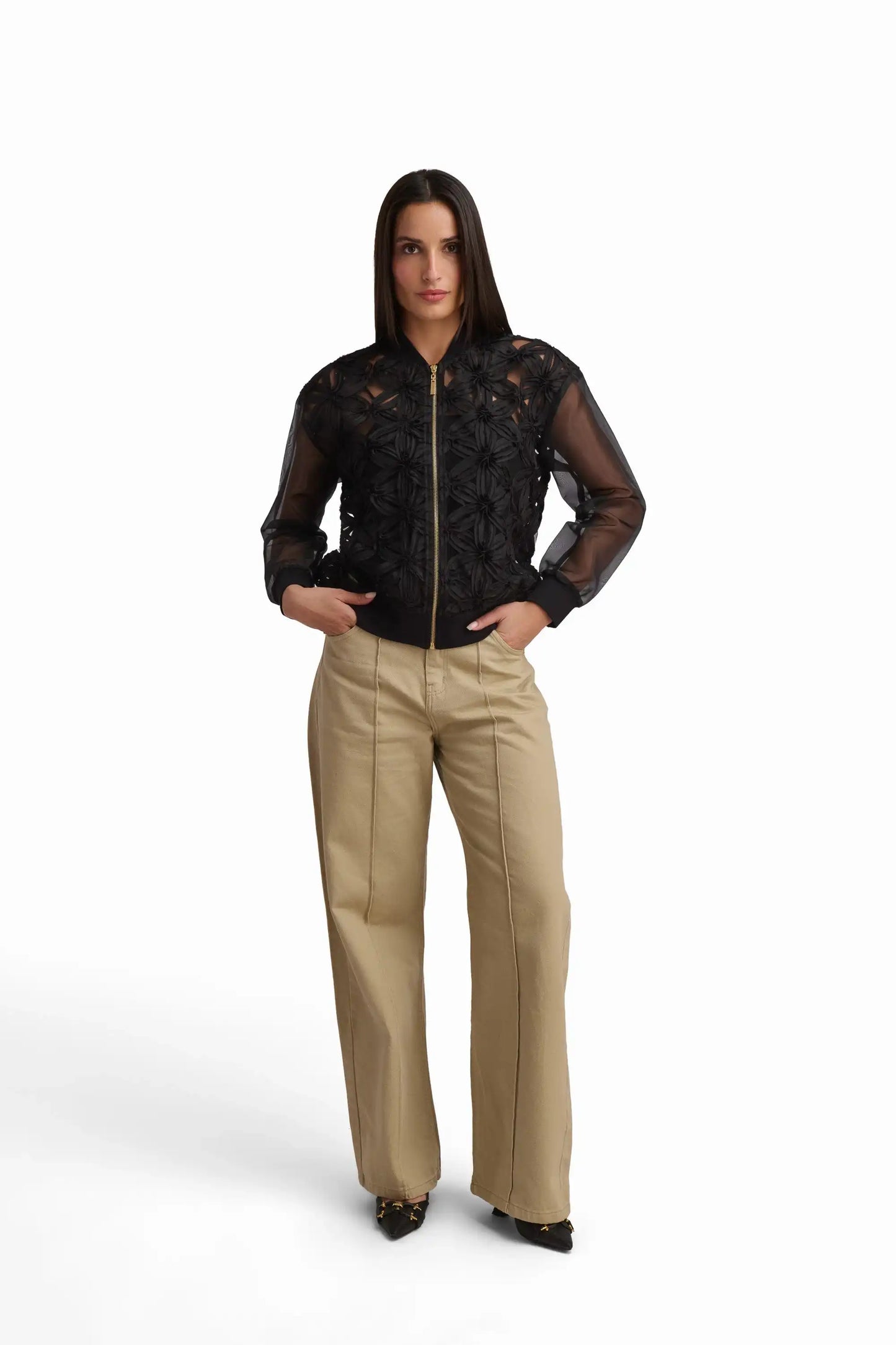 Black Floral Textured Zip Jacket