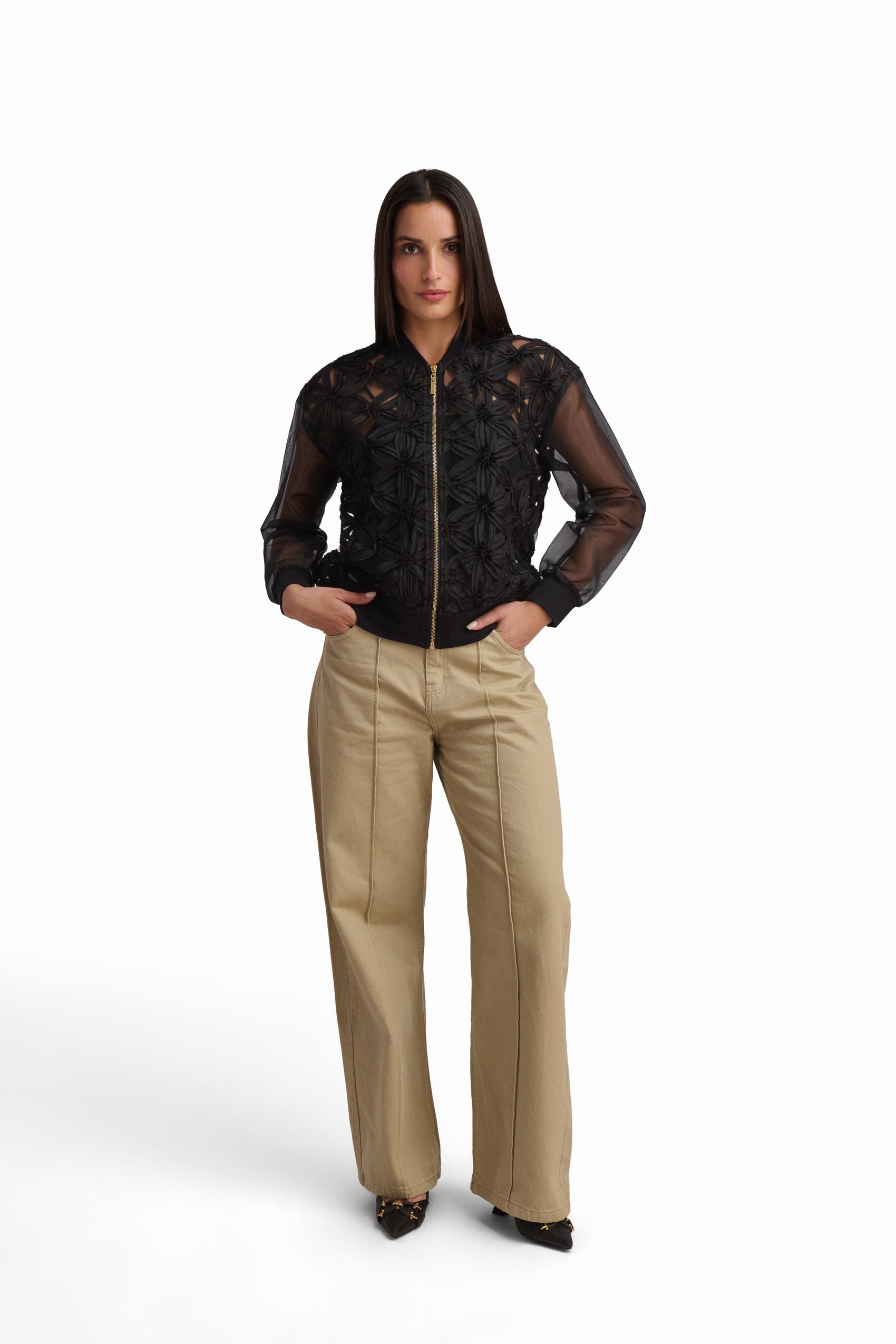 Black Floral Textured Zip Jacket