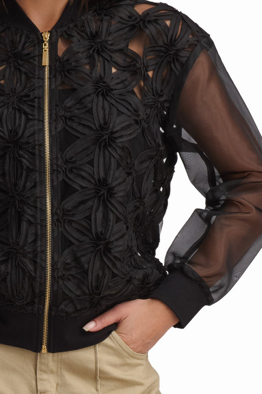 Black Floral Textured Zip Jacket