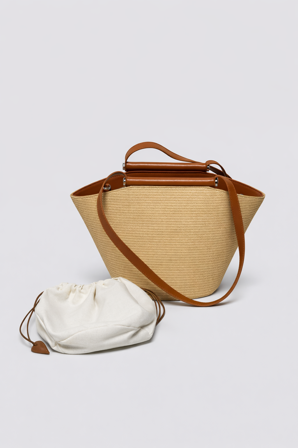 Natural Texture Shoulder Bag with Brown Leather Details