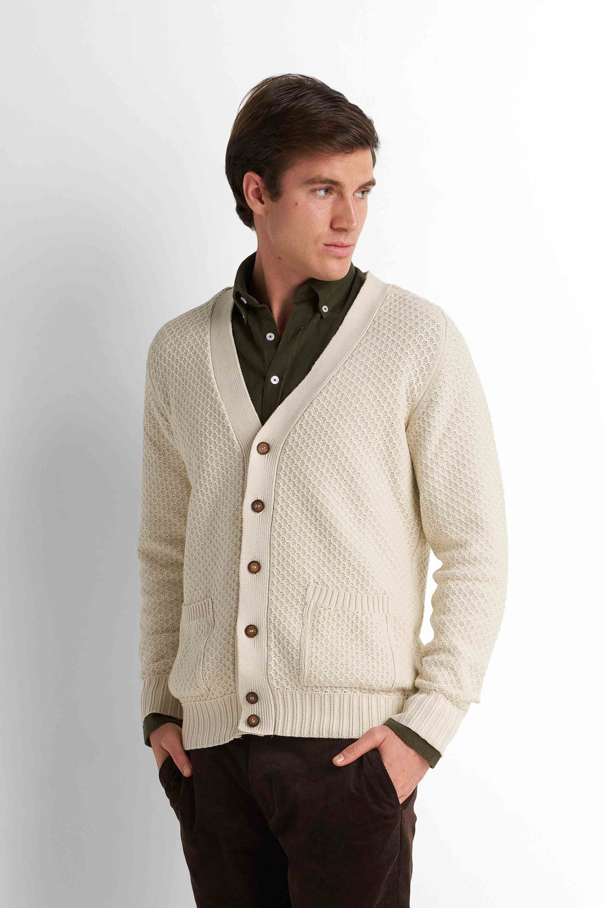 Shawl Collar Knit Cardigan - Light Beige