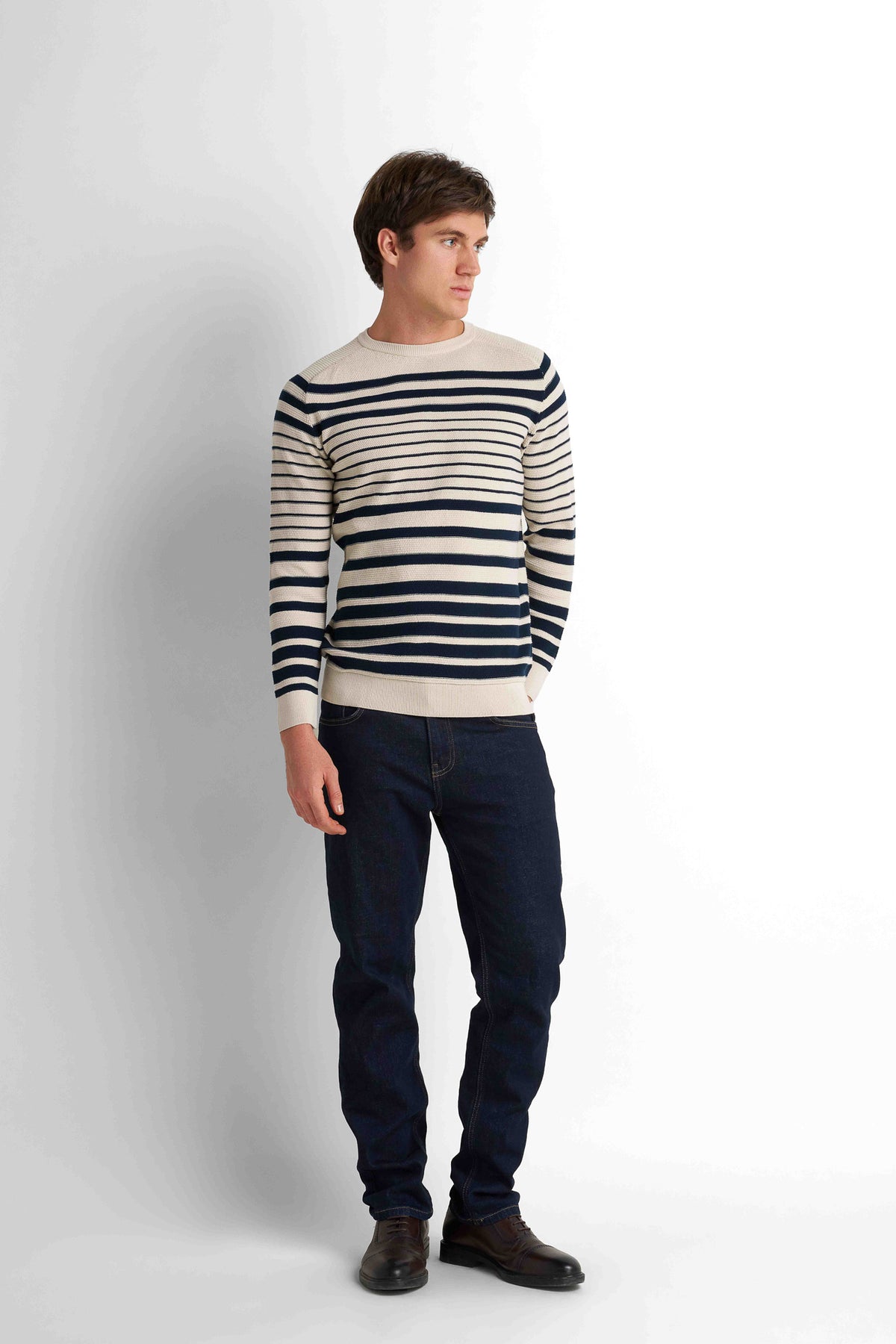 Striped Crew Neck Pullover - Light Beige