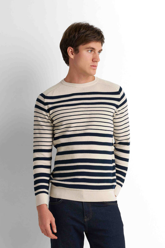 Striped Crew Neck Pullover - Light Beige