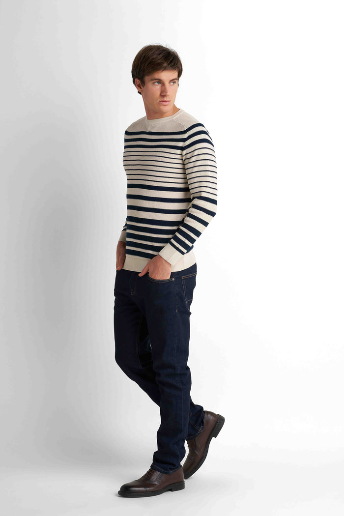 Striped Crew Neck Pullover - Light Beige