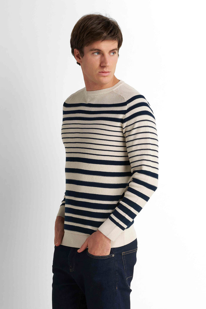 Striped Crew Neck Pullover - Light Beige