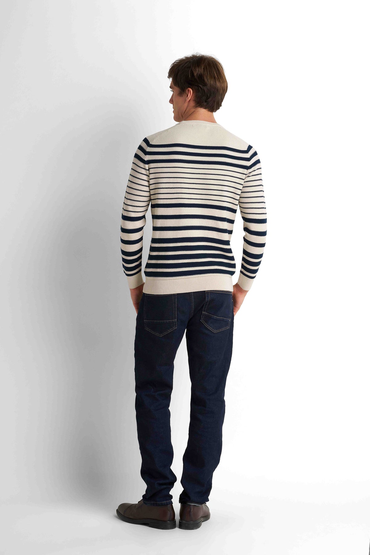 Striped Crew Neck Pullover - Light Beige