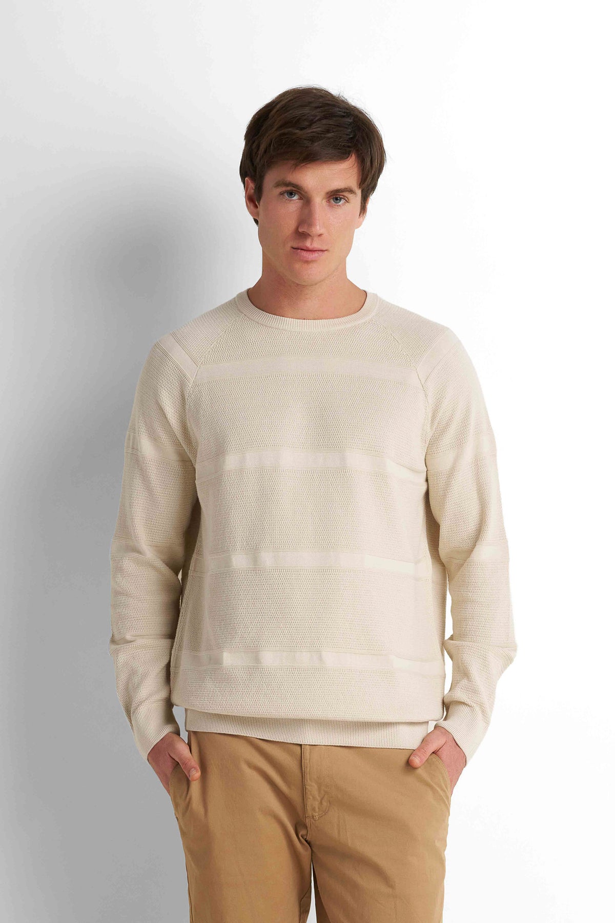 Textured Crew Neck Pullover - Light Beige