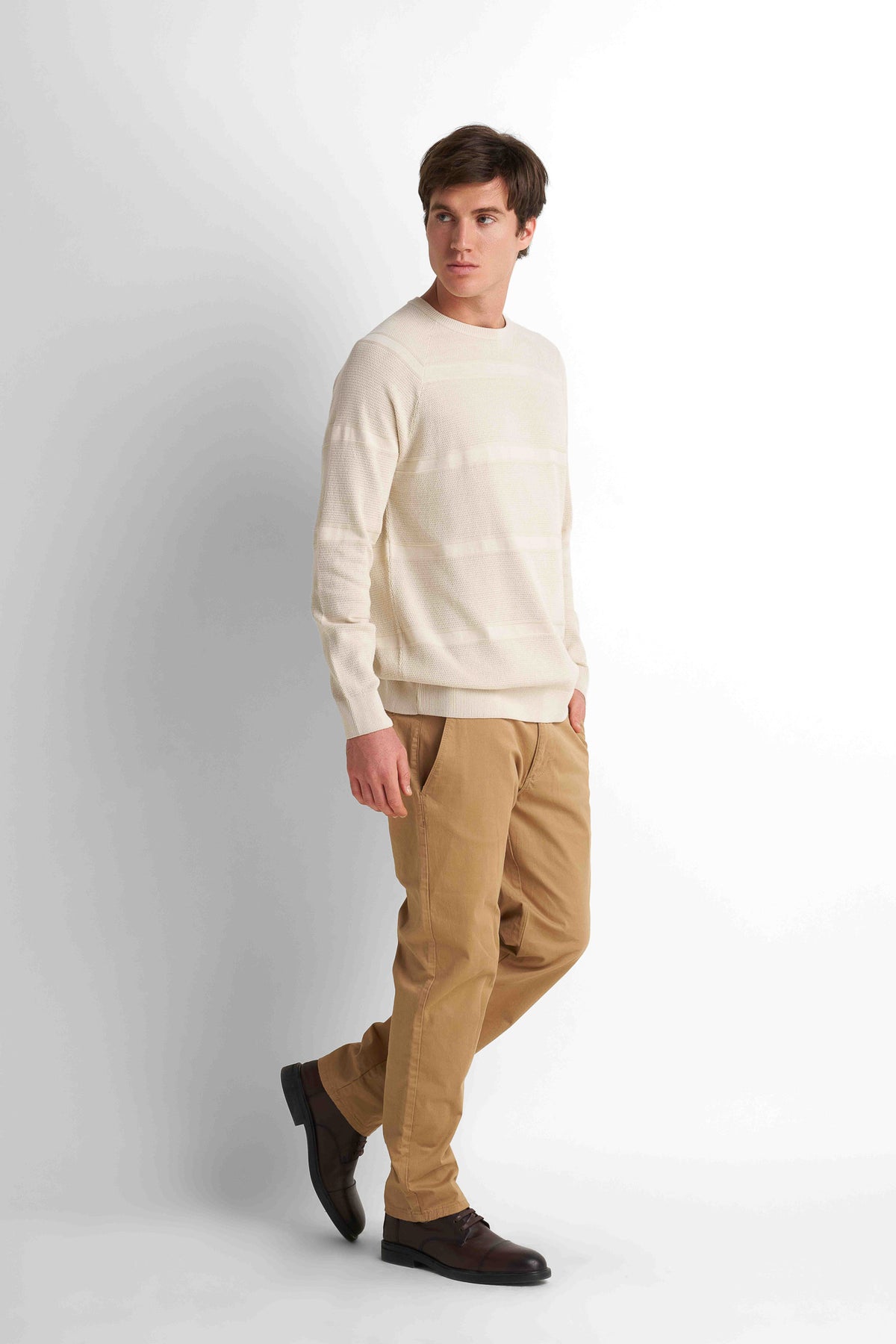 Textured Crew Neck Pullover - Light Beige