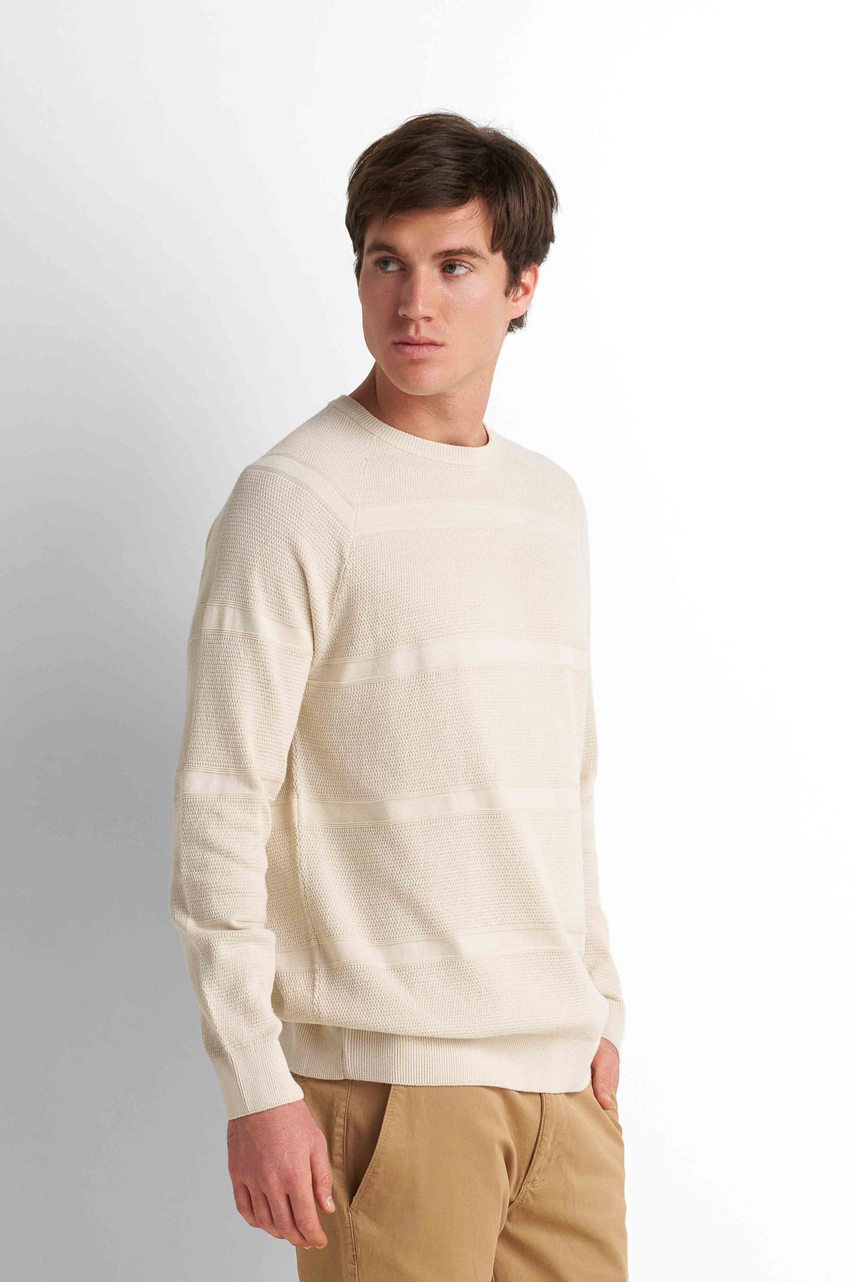 Textured Crew Neck Pullover - Light Beige