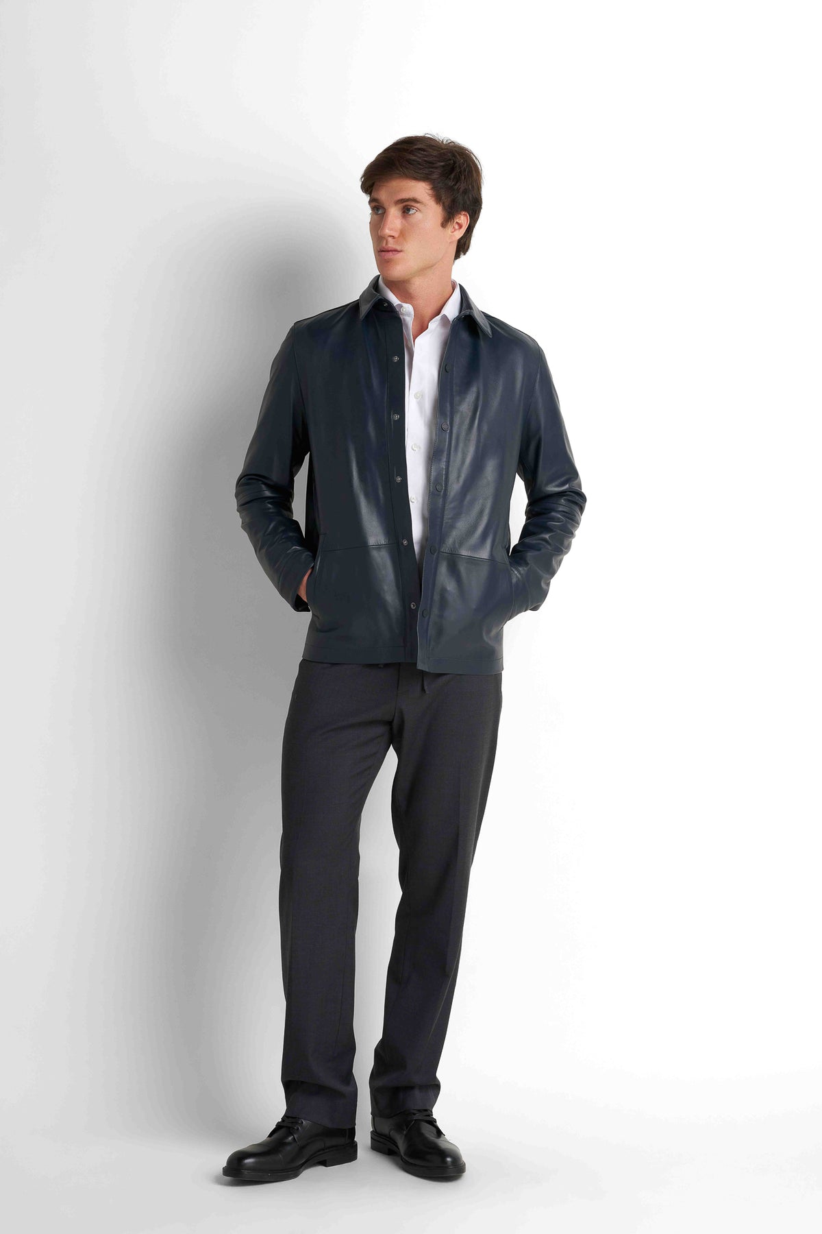 Faux Leather Overshirt - Navy