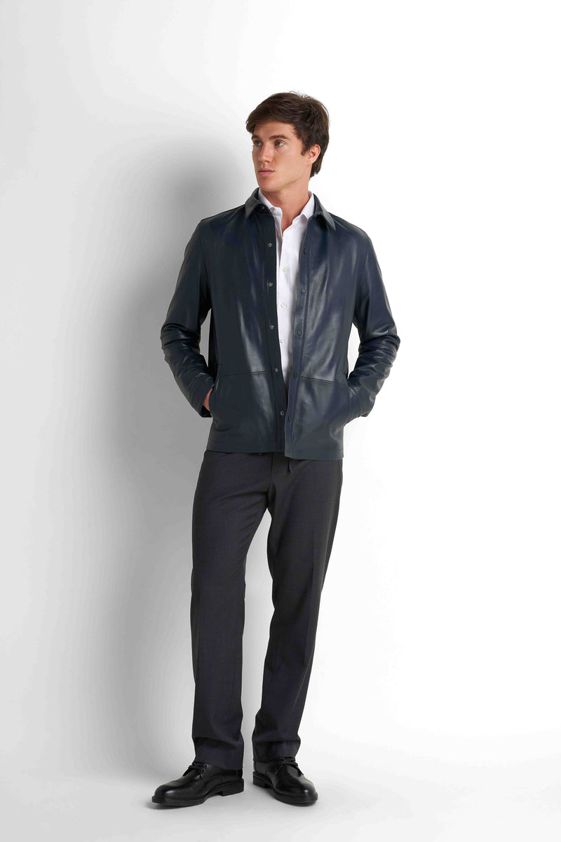 Faux Leather Overshirt - Navy