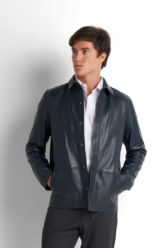 Faux Leather Overshirt - Navy