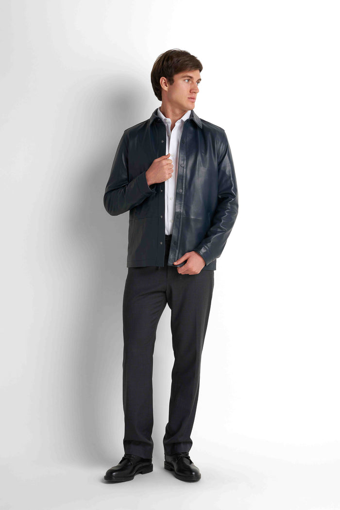 Faux Leather Overshirt - Navy